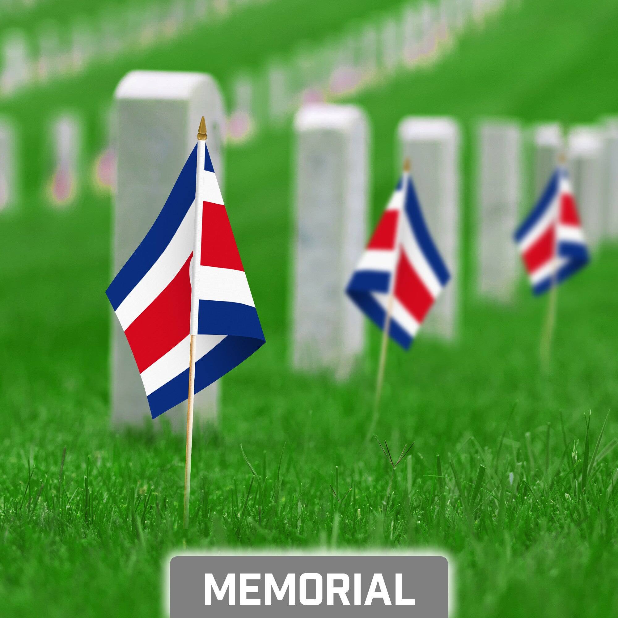 Back. G128 - 50-Pack Handheld Costa Rica Stick Flags, 8 x 12 in, 150D Polyester, Wooden Stick with Gold Spear Tip. - Assorted Colors.