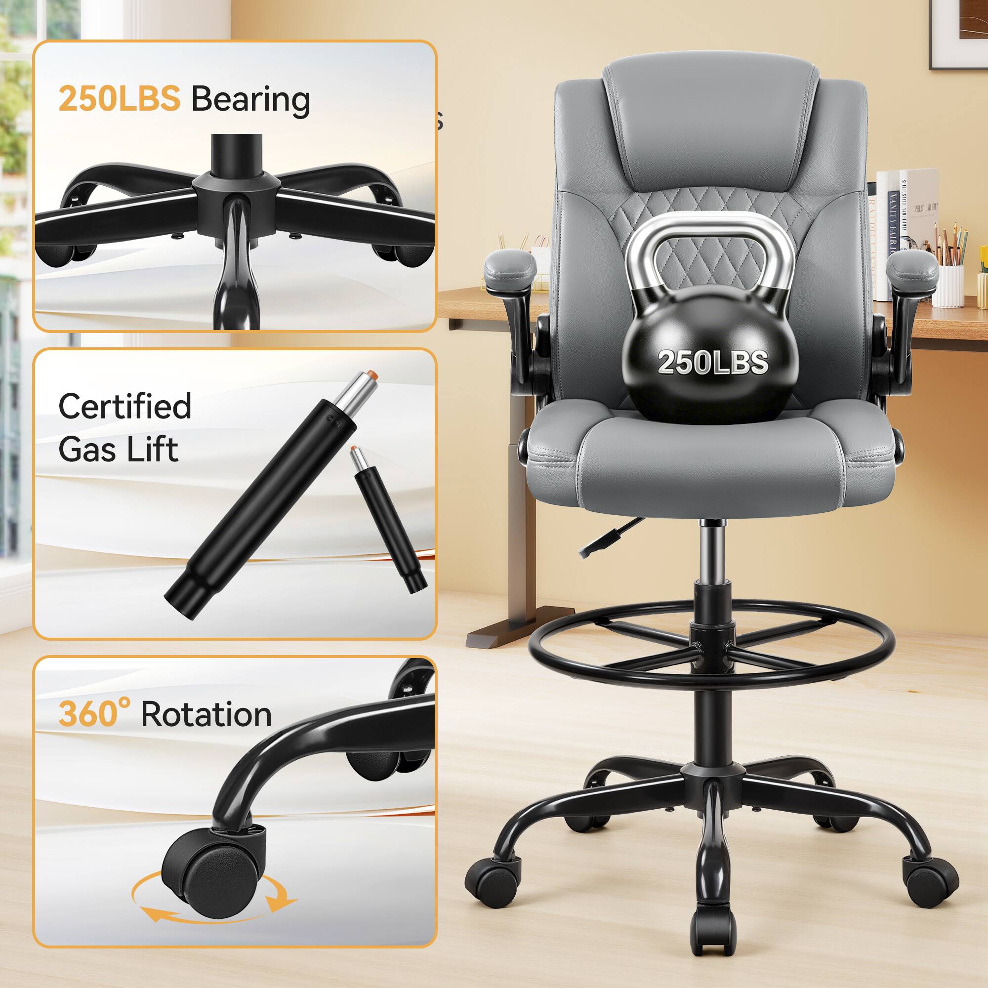 250LBS Bearing  
Certified Gas Lift  
360° Rotation