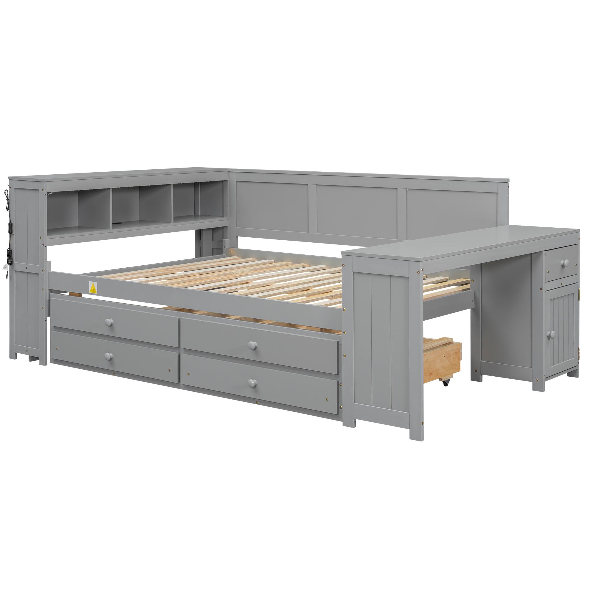 Left. Whisen - Full Size Daybed with Trundle, Storage Shelves, Drawers, Desk, LED & Charging Station - Gray.