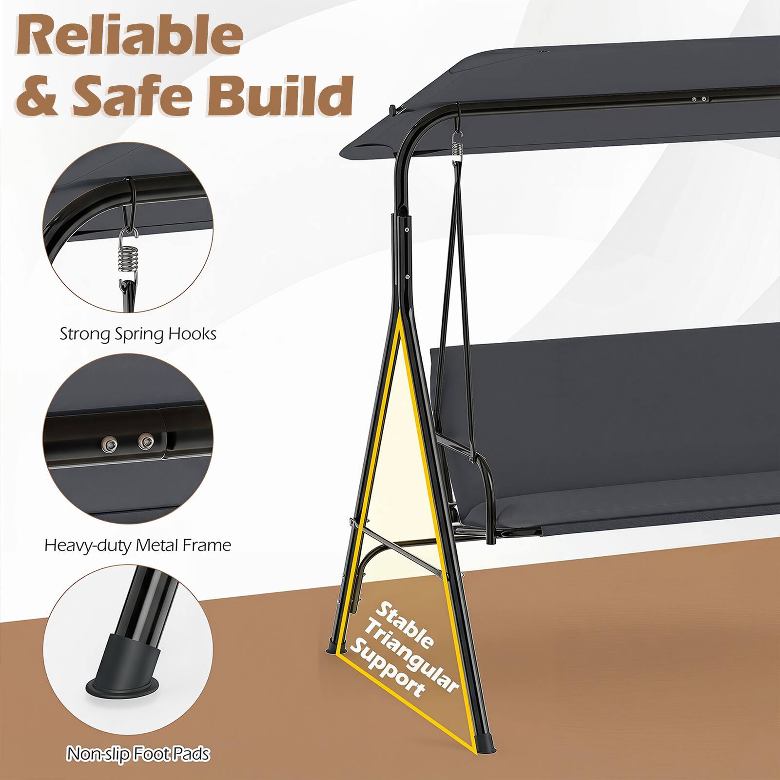 Reliable & Safe Build

Strong Spring Hooks

Heavy-duty Metal Frame

Non-slip Foot Pads

Stable Triangular Support
