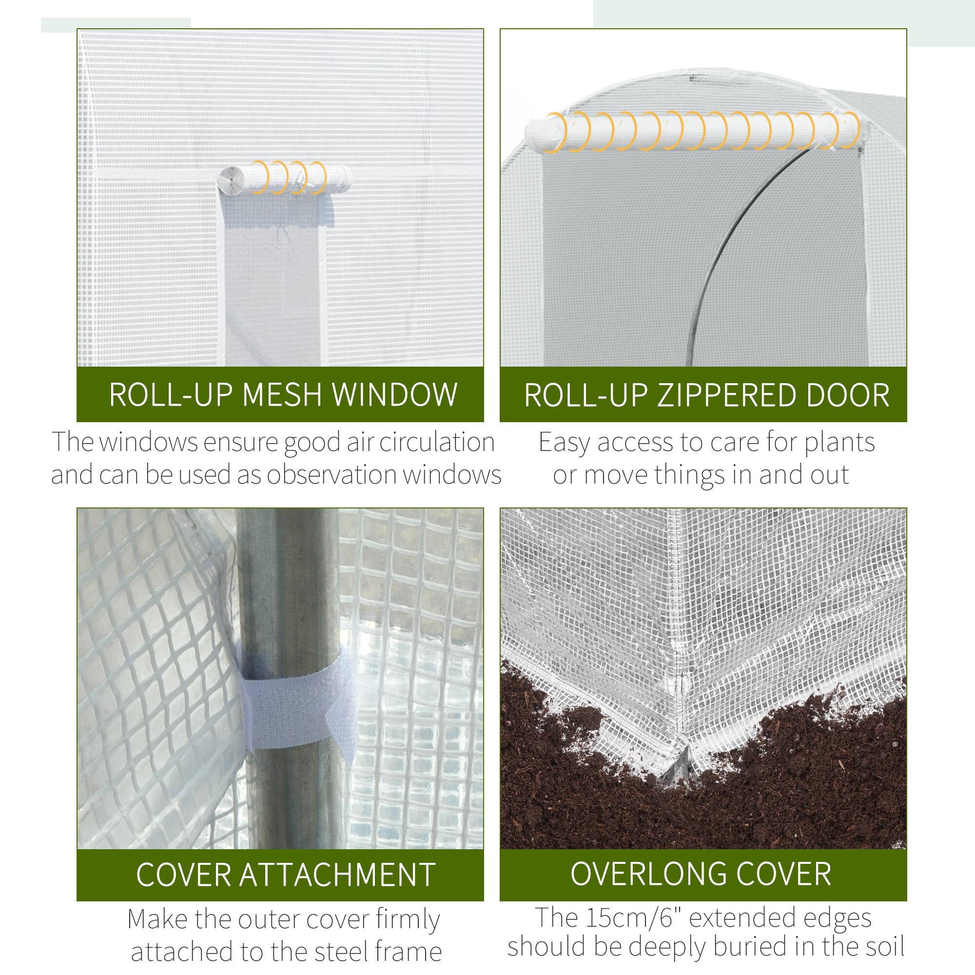 ROLL-UP MESH WINDOW ROLL-UP ZIPPERED DOOR The windows ensure good air circulation and can be used as observation windows Easy access to care for plants and can be used as observation windows or move things in and out COVER ATTACHMENT OVERLONG COVER Make the outer cover firmly attached to the steel frame The 15cm/6" extended edges should be deeply buried in the soil
