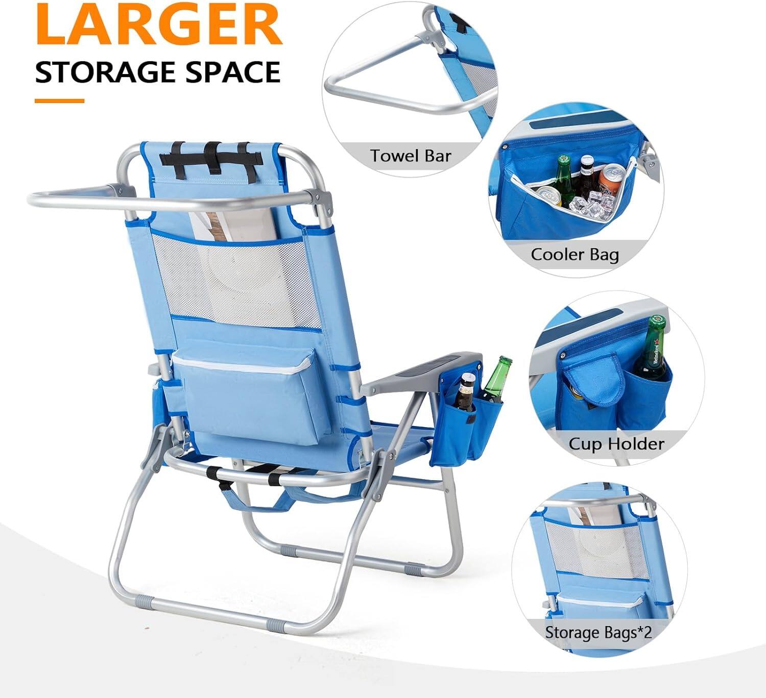 LARGER STORAGE SPACE  
- Towel Bar  
- Cooler Bag  
- Cup Holder  
- Storage Bags*2