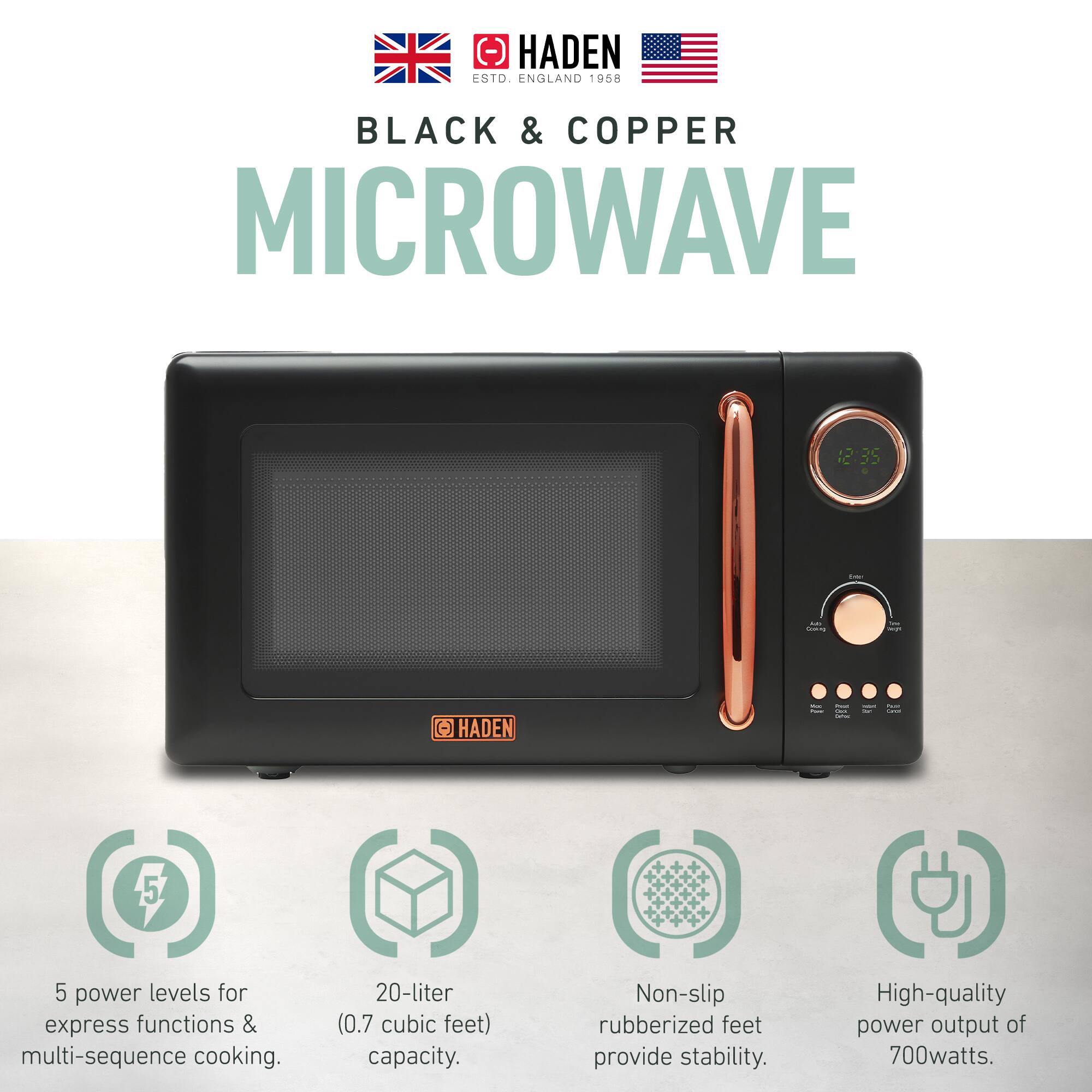 HADEN  
ENGLAND 1958  
BLACK & COPPER MICROWAVE  

5 power levels for express functions & multi-sequence cooking.  
20-liter (0.7 cubic feet) capacity.  
Non-slip rubberized feet provide stability.  
High-quality power output of 700 watts.