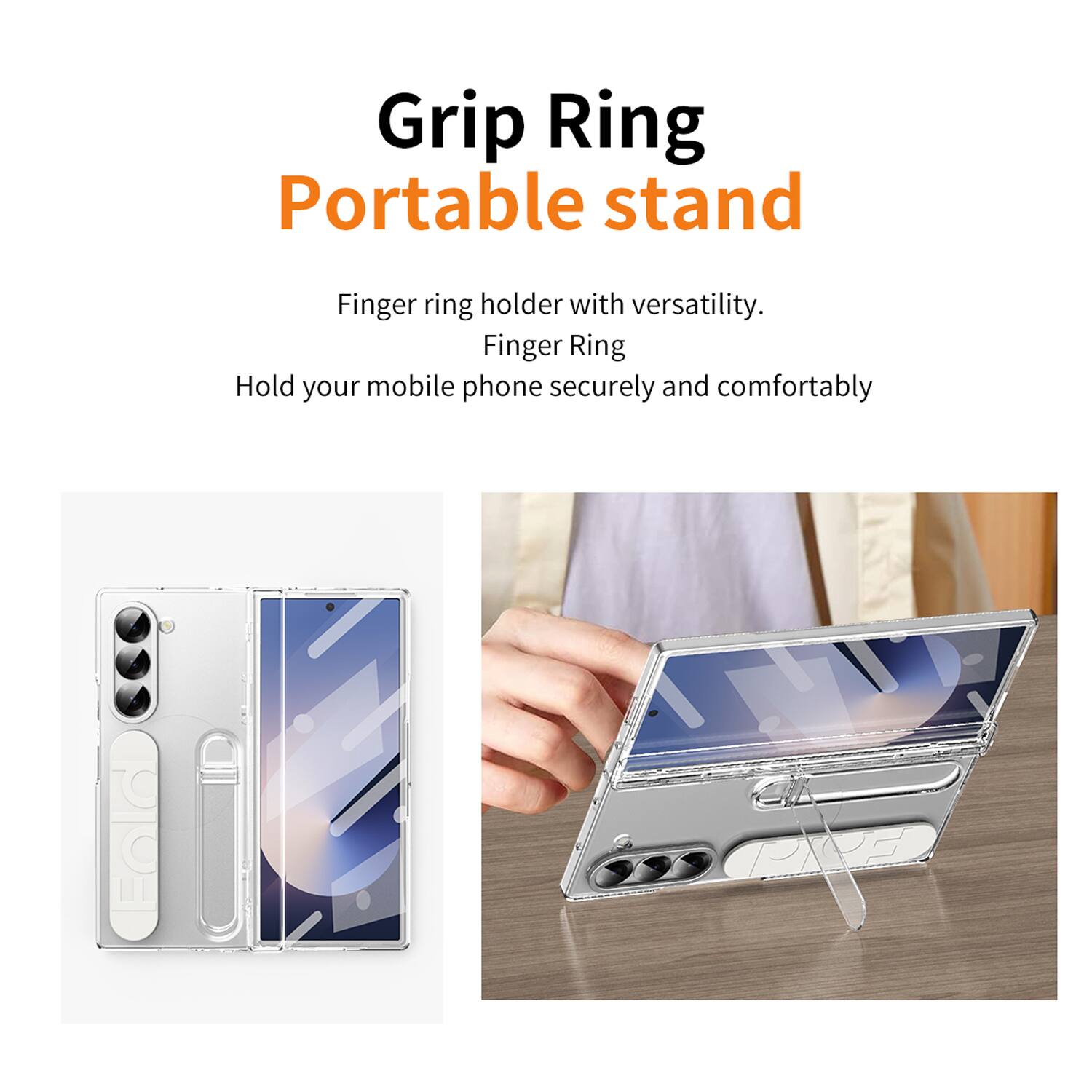 Grip Ring Portable Stand

Finger ring holder with versatility.  
Finger Ring  
Hold your mobile phone securely and comfortably