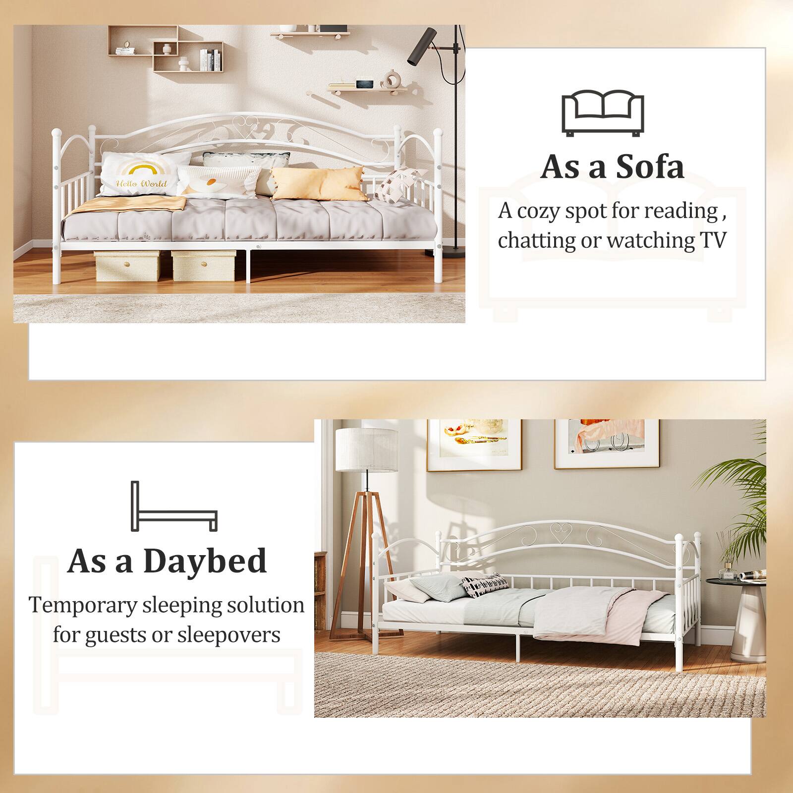 Hello World

As a Sofa  
A cozy spot for reading, chatting or watching TV

As a Daybed  
Temporary sleeping solution for guests or sleepovers