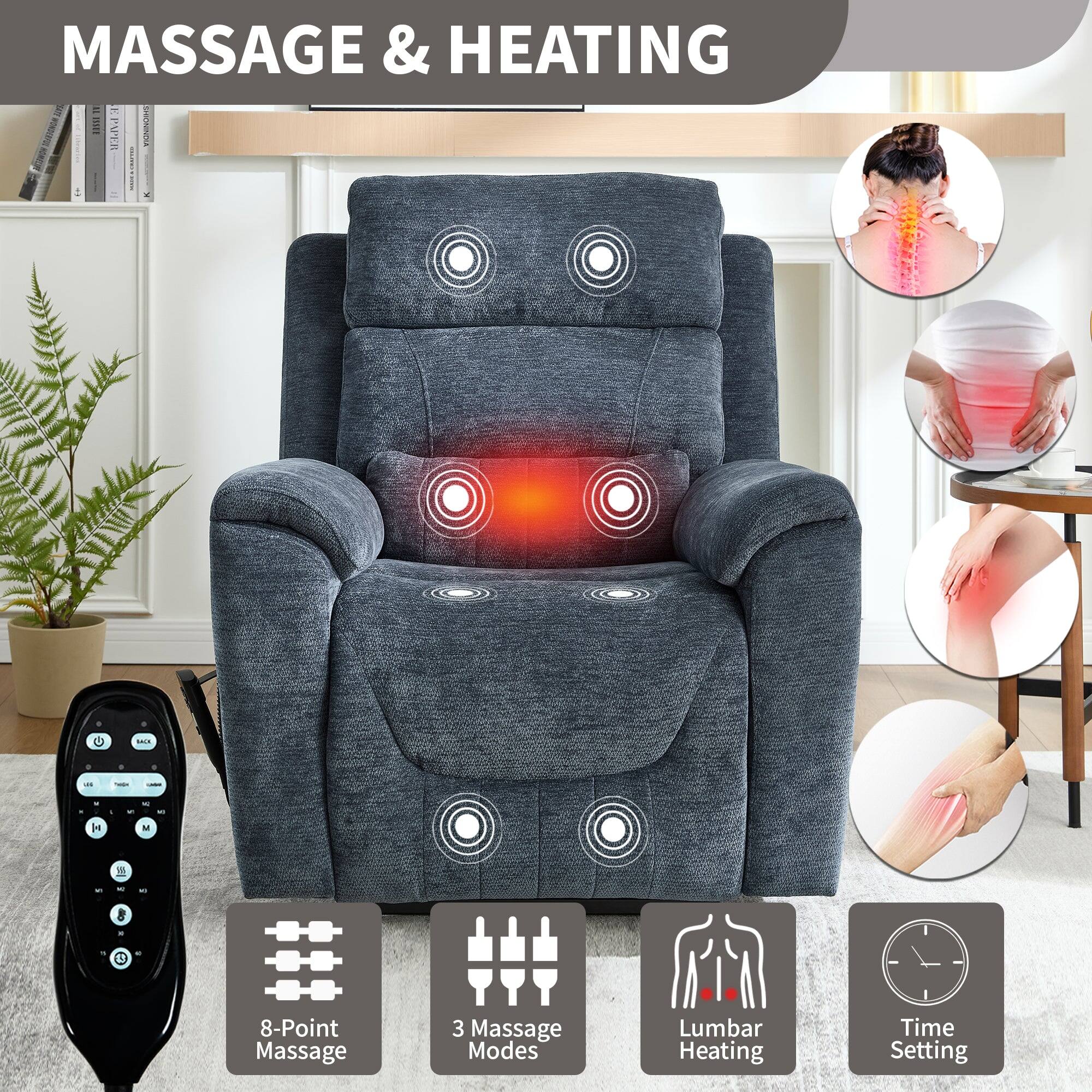 MASSAGE & HEATING

- 8-Point Massage
- 3 Massage Modes
- Lumbar Heating
- Time Setting