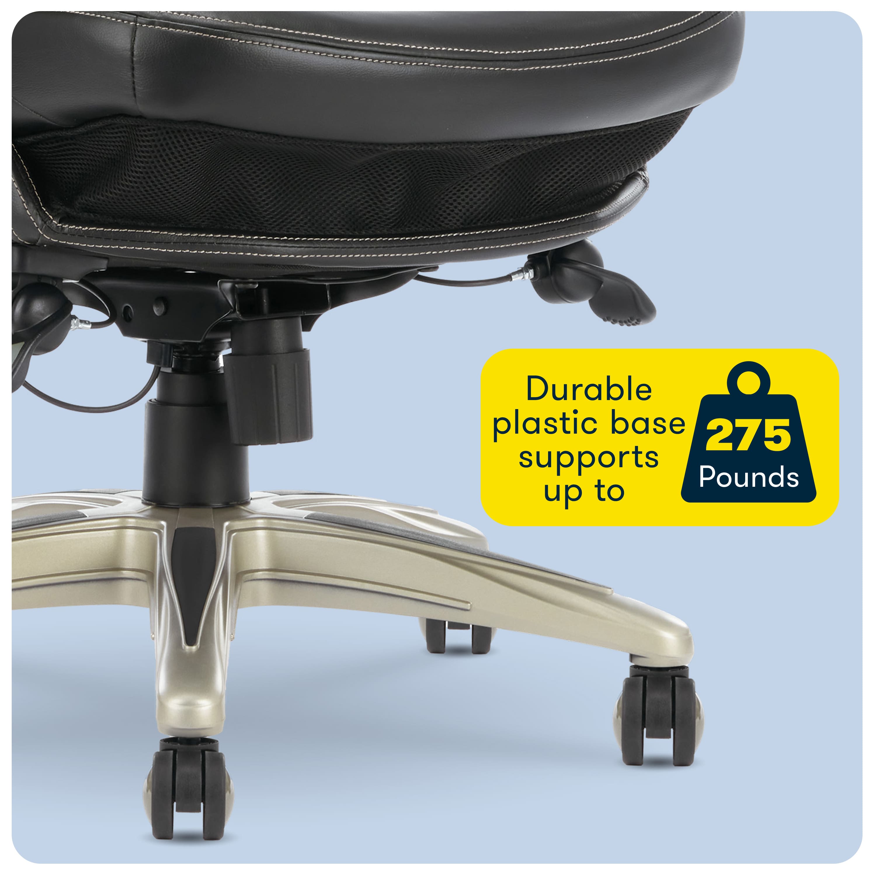 The image features a black office chair with a silver base. The chair has a durable plastic base that supports up to 275 pounds. The base is designed to provide stability and comfort for the user. The chair is suitable for use in various settings, such as offices, conference rooms, or home offices.