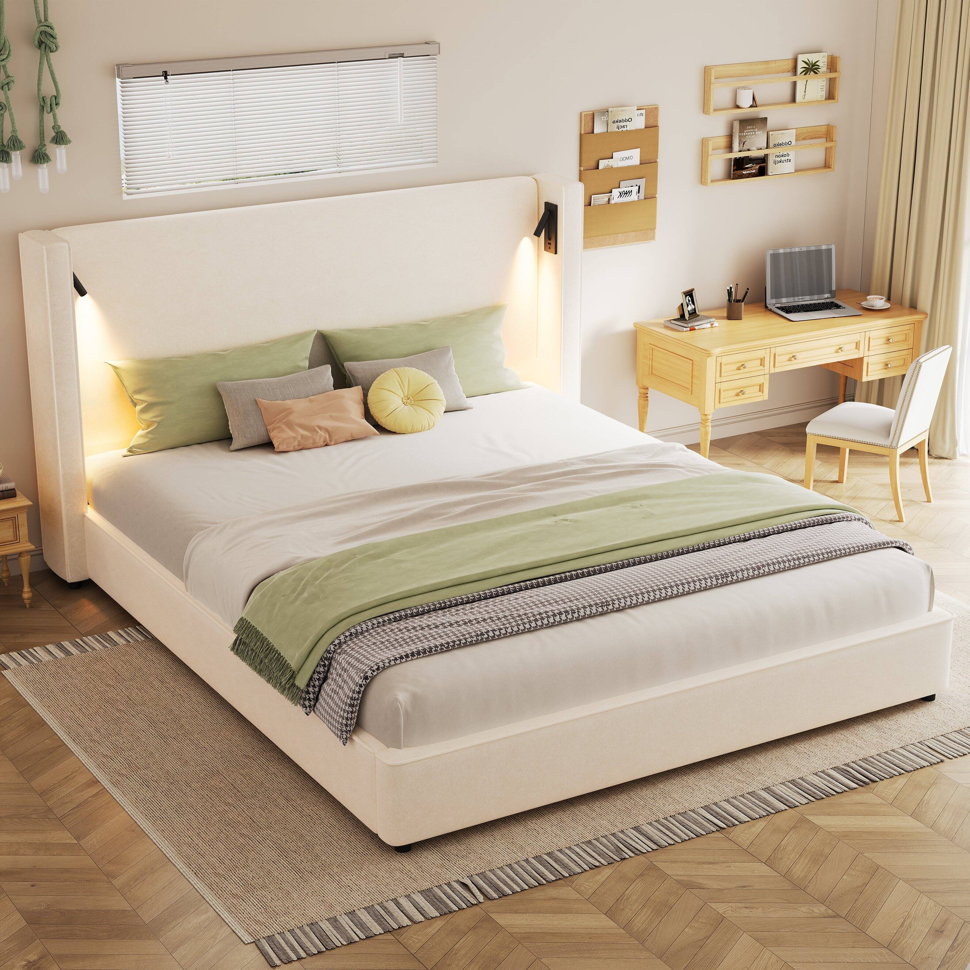 Alt View 3. Boyel Living - King Upholstered Bed Frame with Wingback Headboard, Reading Lamp, and USB Port – Beige - Beige.