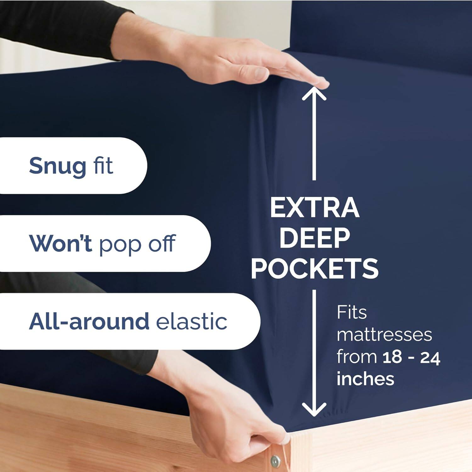 Snug fit  
Won't pop off  
EXTRA DEEP POCKETS  
All-around elastic  
Fits mattresses from 18 - 24 inches