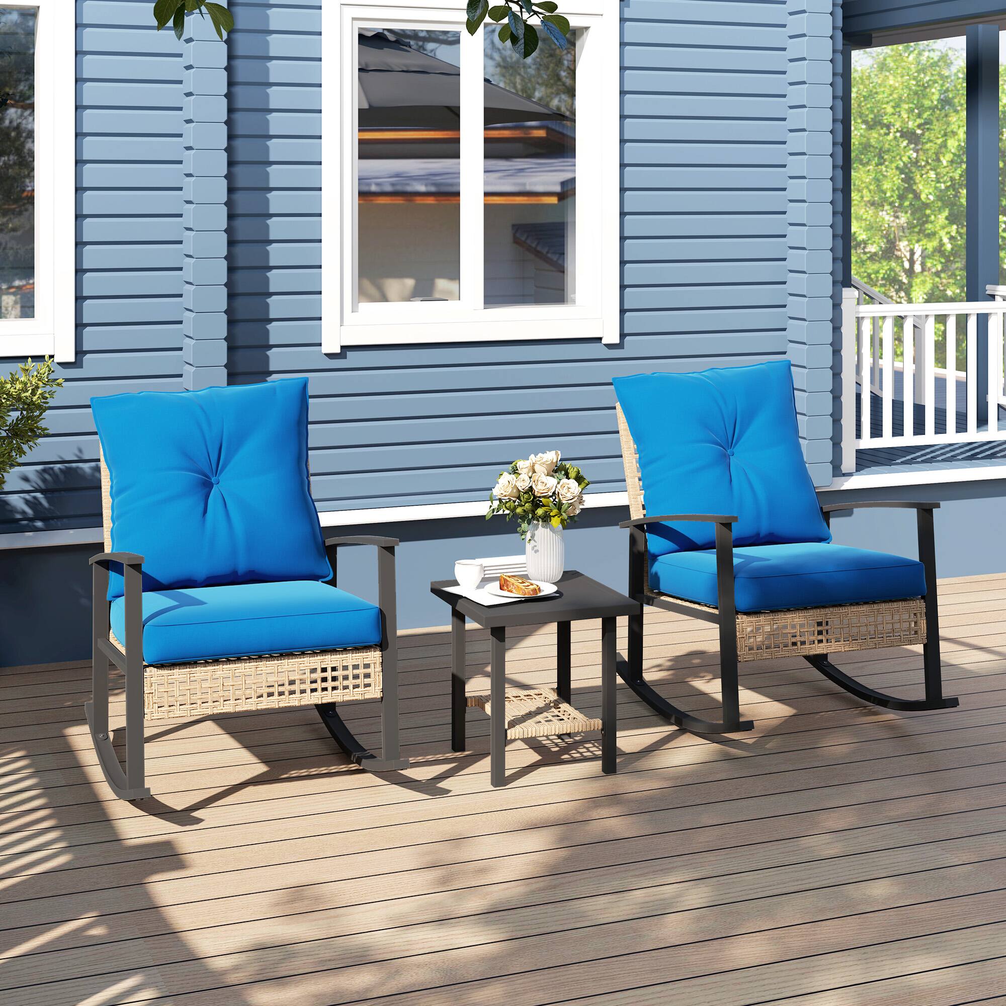 Alt View 1. Outsunny - Pieces Bistro Set, Patio Wicker Furniture Set with Button Tufted Cushions, Rattan Rocking Chairs - Blue.