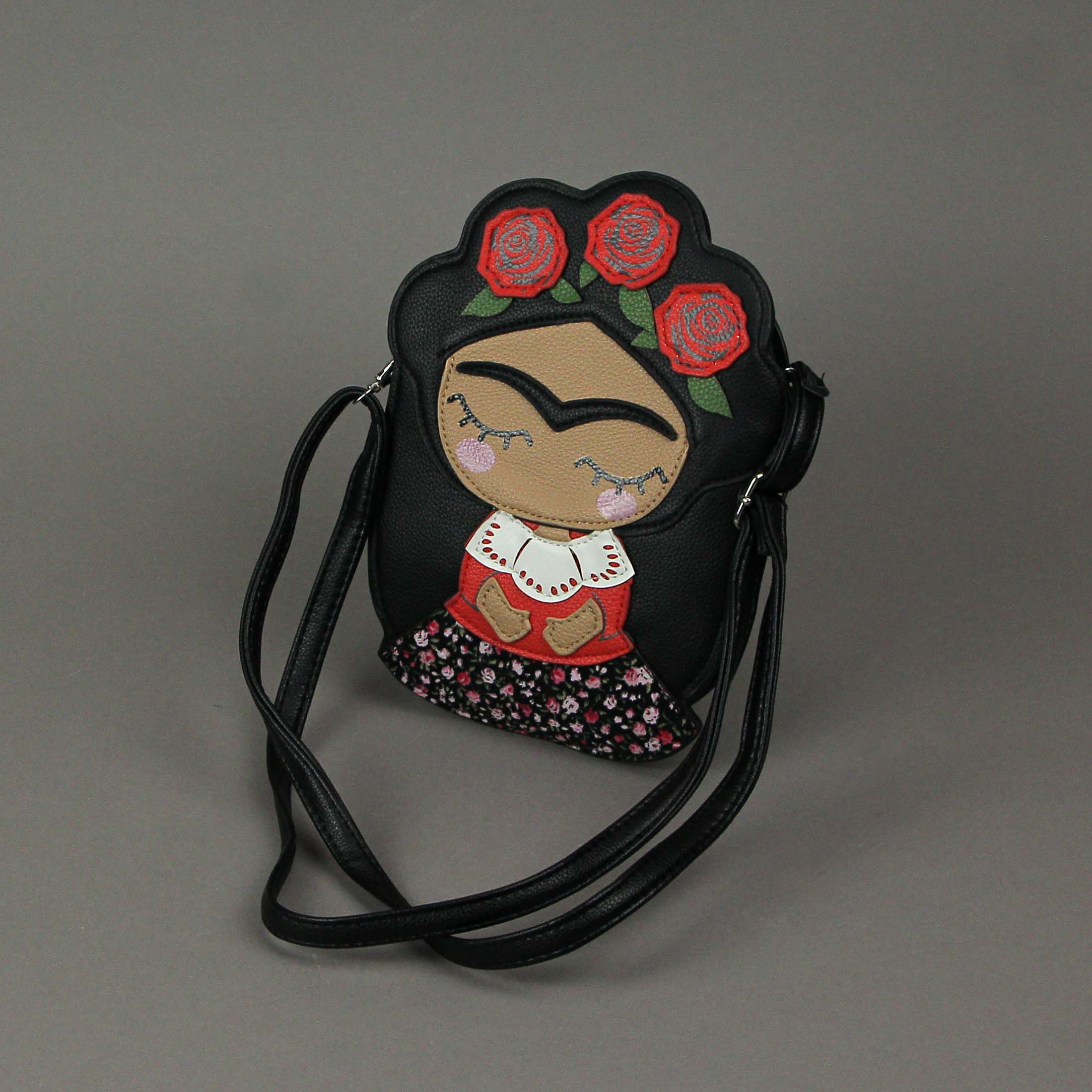 Alt View 3. Things2Die4 - Adorable Black Vinyl Mexican Girl With Flower Crown Crossbody Bag - Multicolored.