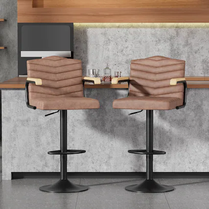 Front. Vecelo - Set of 2 PU Leather Bar Stool with Adjustable Height - Brown Swivel Bar Stool with Footrest - Brown.