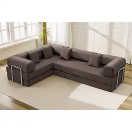 KERDOM - Upholstered L Shaped Modular Sofa Bed with Chaise, Corduroy Folding Floor Convertible Sofa Couch Bed for Living Room - Coffee