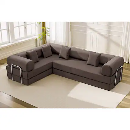 Front. KERDOM - Upholstered L Shaped Modular Sofa Bed with Chaise, Corduroy Folding Floor Convertible Sofa Couch Bed for Living Room - Coffee.