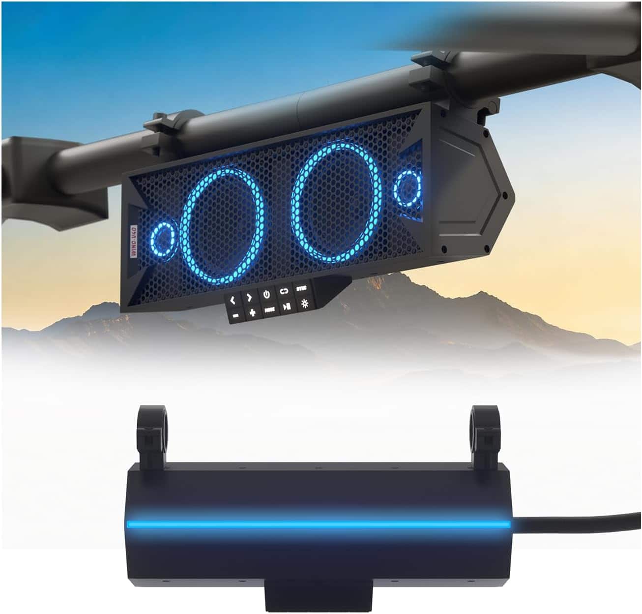 GoHawk - UTV Sound Bar: Waterproof 4-Speaker Bluetooth Speakers System w/ Multicolor LED, 15-Inch for Polaris RZR, Can-Am, Marine - Black