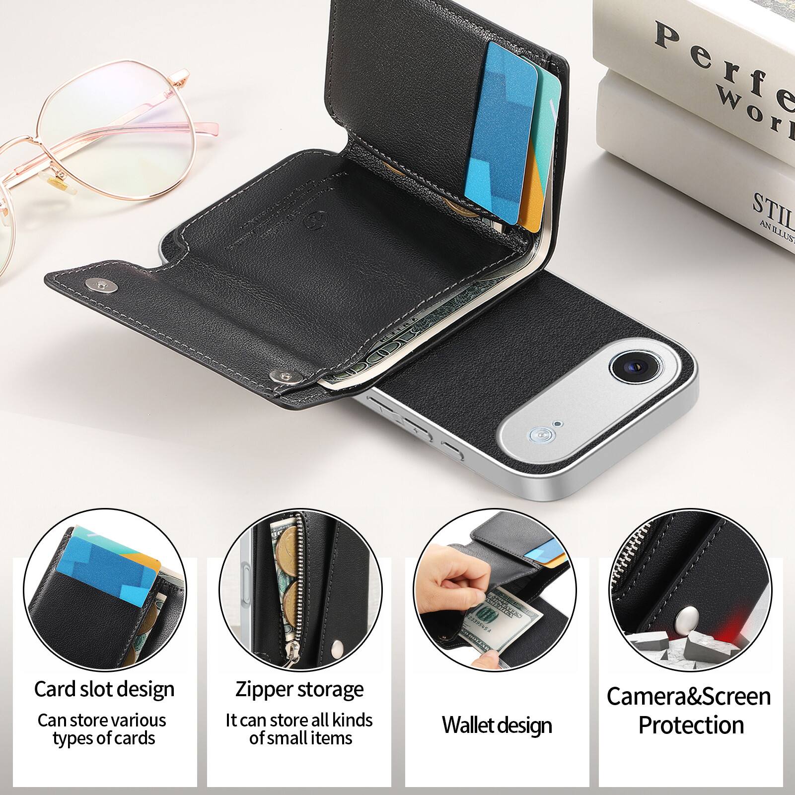 Perfe Worl STIL AN NILLUS  
ENGREETS 29395454  

Card slot design  
Can store various types of cards  

Zipper storage  
It can store all kinds of small items  

Wallet design  

Camera&Screen Wallet design  
Protection