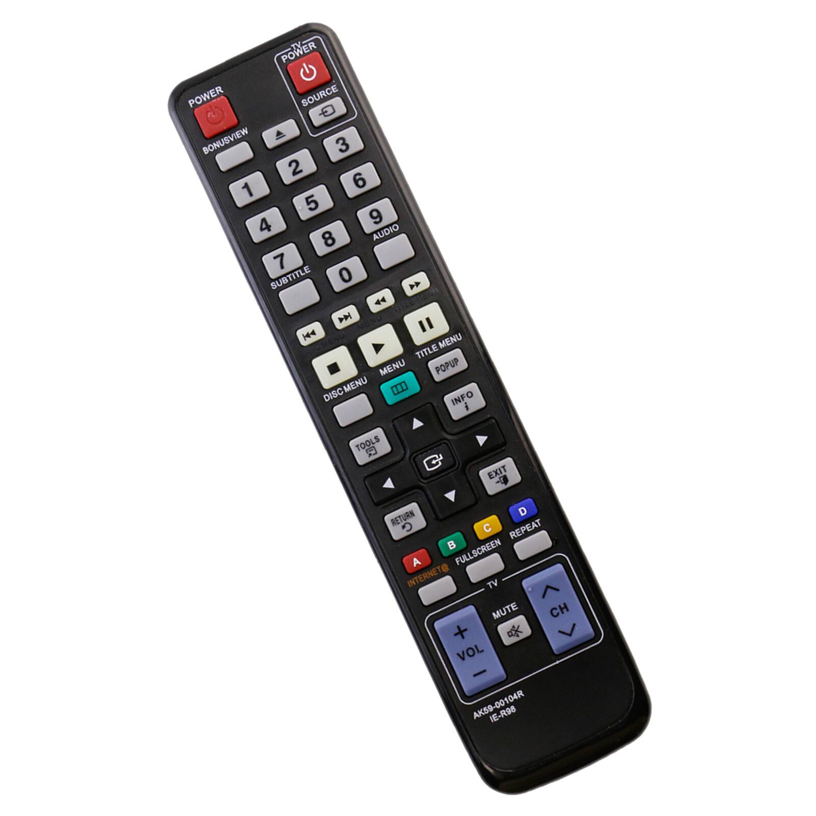 POWER  
SOURCE  
BONUSVIEW  
1 2 3 4 5 6 7 8 9 0  
AUDIO  
SUBTITLE  
MENU  
TITLE MENU  
POPUP  
DISC INFO  
TOOLS  
EXIT  
RETURN  
REPEAT  
A FULLSCREEN  
INTERNET  
TV  
MUTE  
CH +  
VOL  
AK59-00104R  
IE-R98