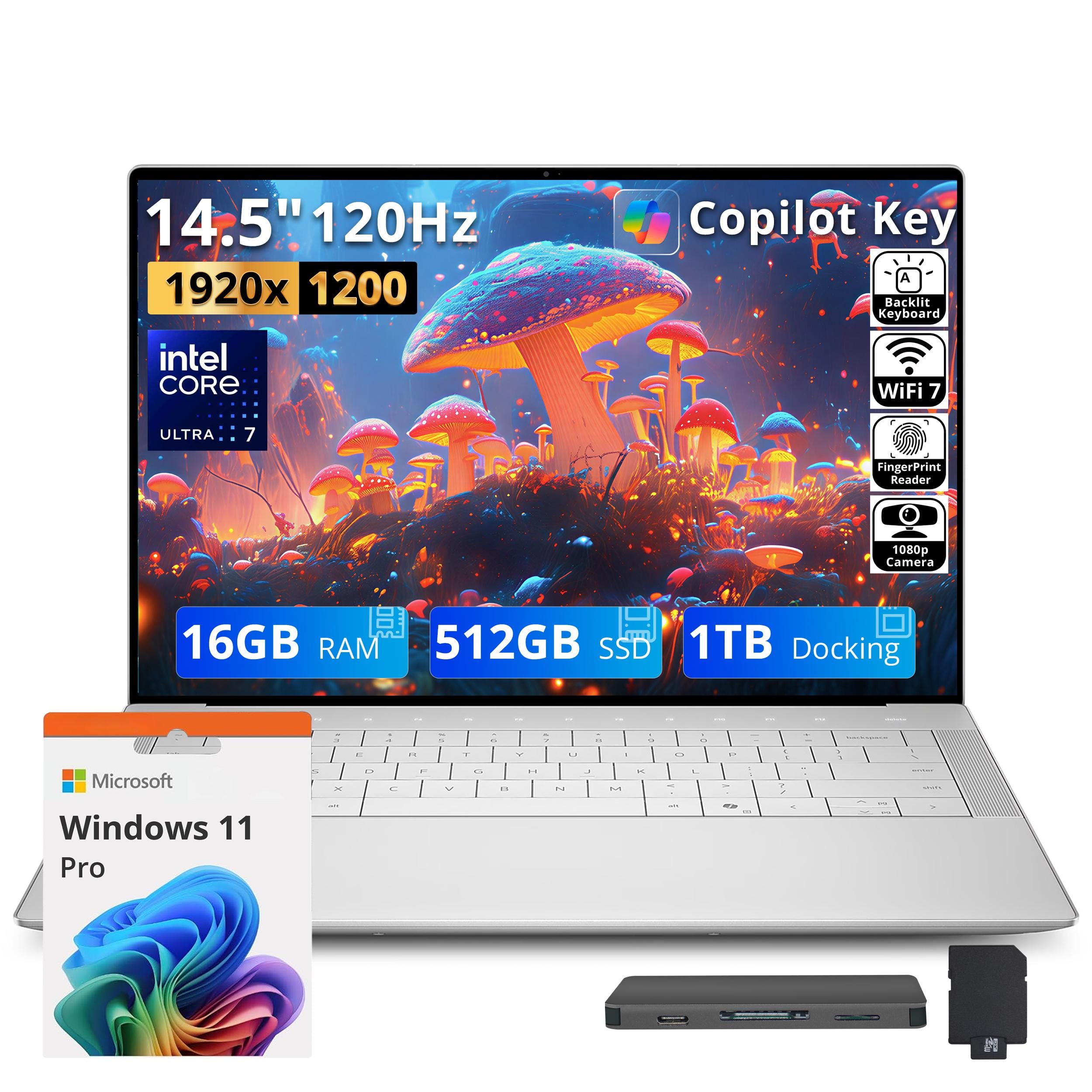 14.5" 120Hz 1920x1200  
Copilot Key Backlit Keyboard  
Intel Core Ultra 7  
WiFi 7  
Fingerprint Reader  
1080p Camera  
16GB RAM 512GB SSD 1TB Docking  
Microsoft Windows 11 Pro