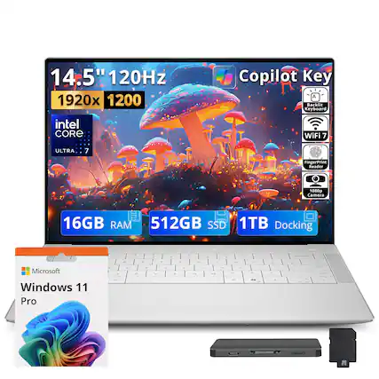 14.5" 120Hz 1920x1200
Copilot Key Backlit Keyboard
Intel Core Ultra 7
WiFi 7
Fingerprint Reader
1080p Camera
16GB RAM 512GB SSD 1TB Docking
Microsoft Windows 11 Pro