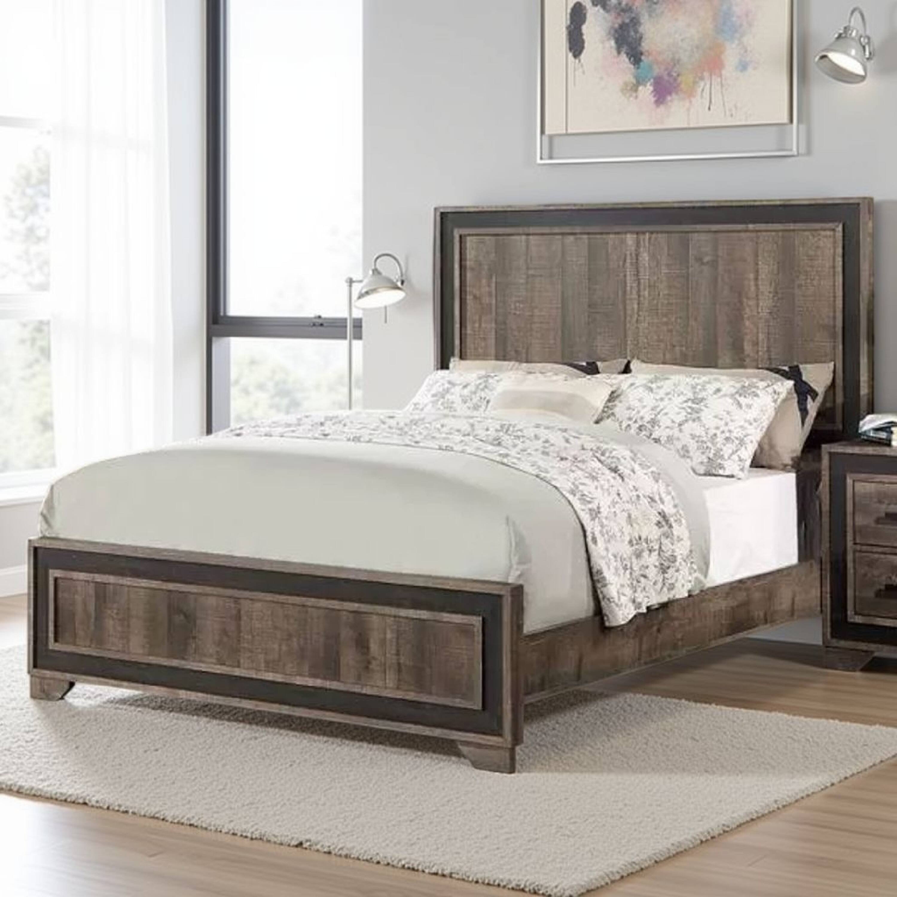 Alt View 5. Manhattan Lane - Modern Queen Size Bed w Tall Panel Headboard, Rustic Brown Wood - Oak Brown.