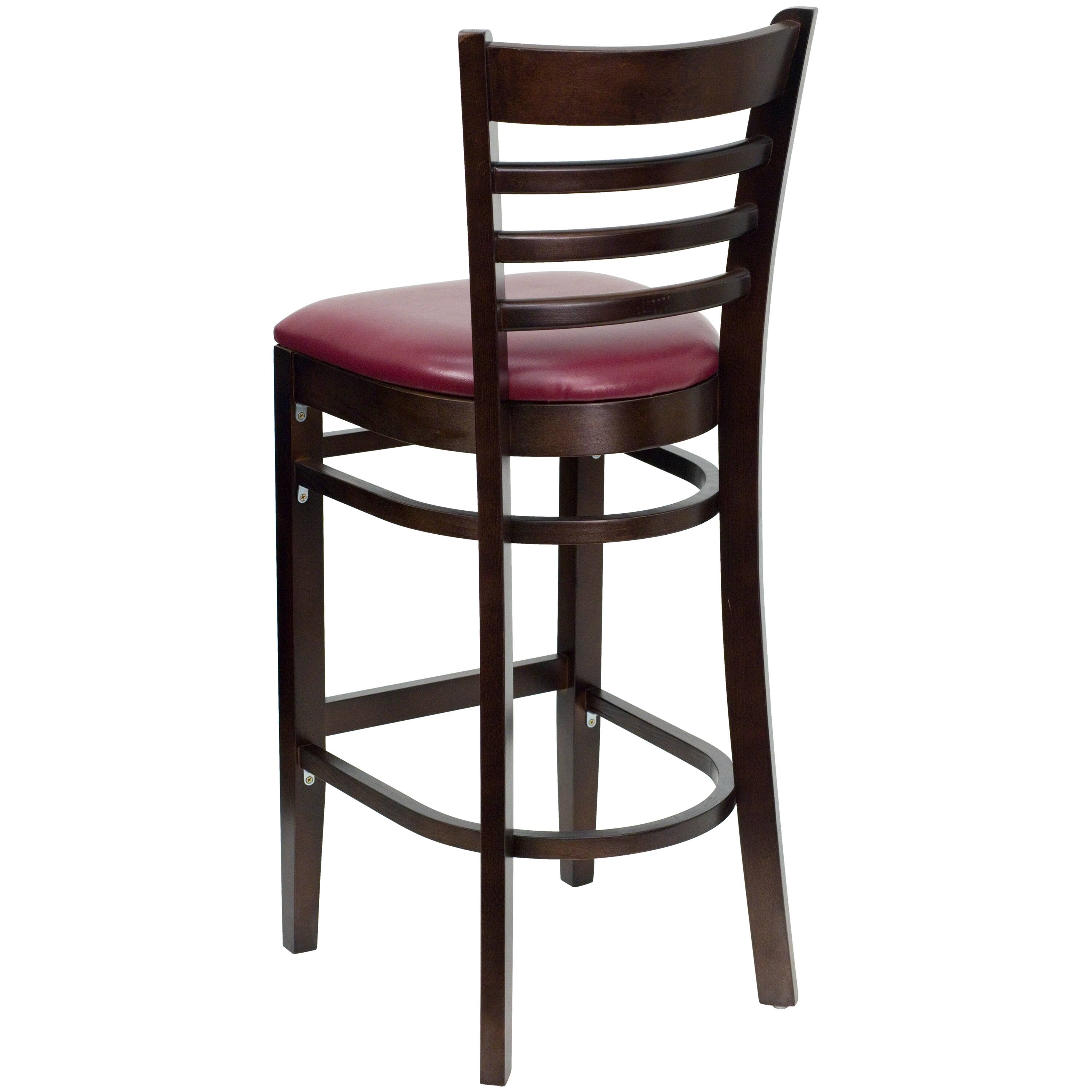 Alt View 3. Emma + Oliver - Ladder Back Wooden Restaurant Dining Barstool - Burgundy Vinyl Seat/Walnut Wood Frame.