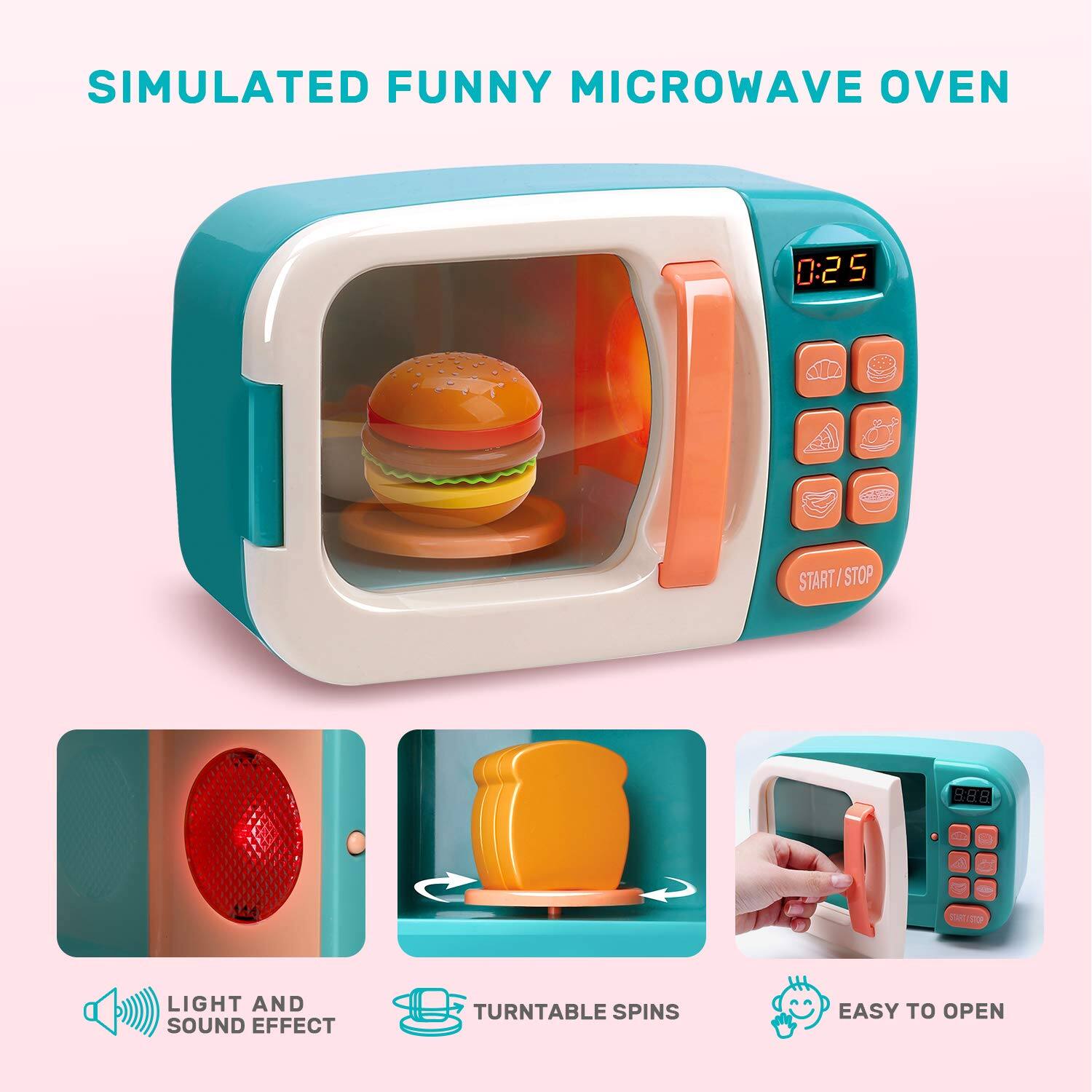 SIMULATED FUNNY MICROWAVE OVEN

0:25
START/STOP
9:88

LIGHT AND SOUND EFFECT
TURNTABLE SPINS
EASY TO OPEN