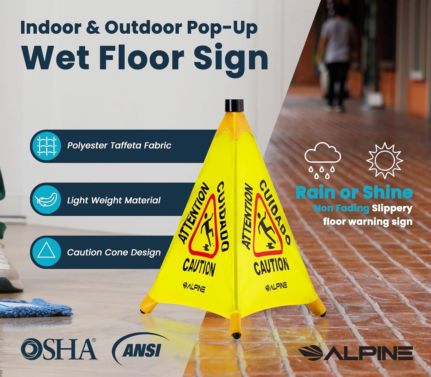 Indoor & Outdoor Pop-Up Wet Floor Sign, Polyester Taffeta Fabric, Light Weight Material, Caution Cone Design, Rain or Shine, Non Fading Slippery floor warning sign, ALPINE, OSHA, ANSI, ALPINE