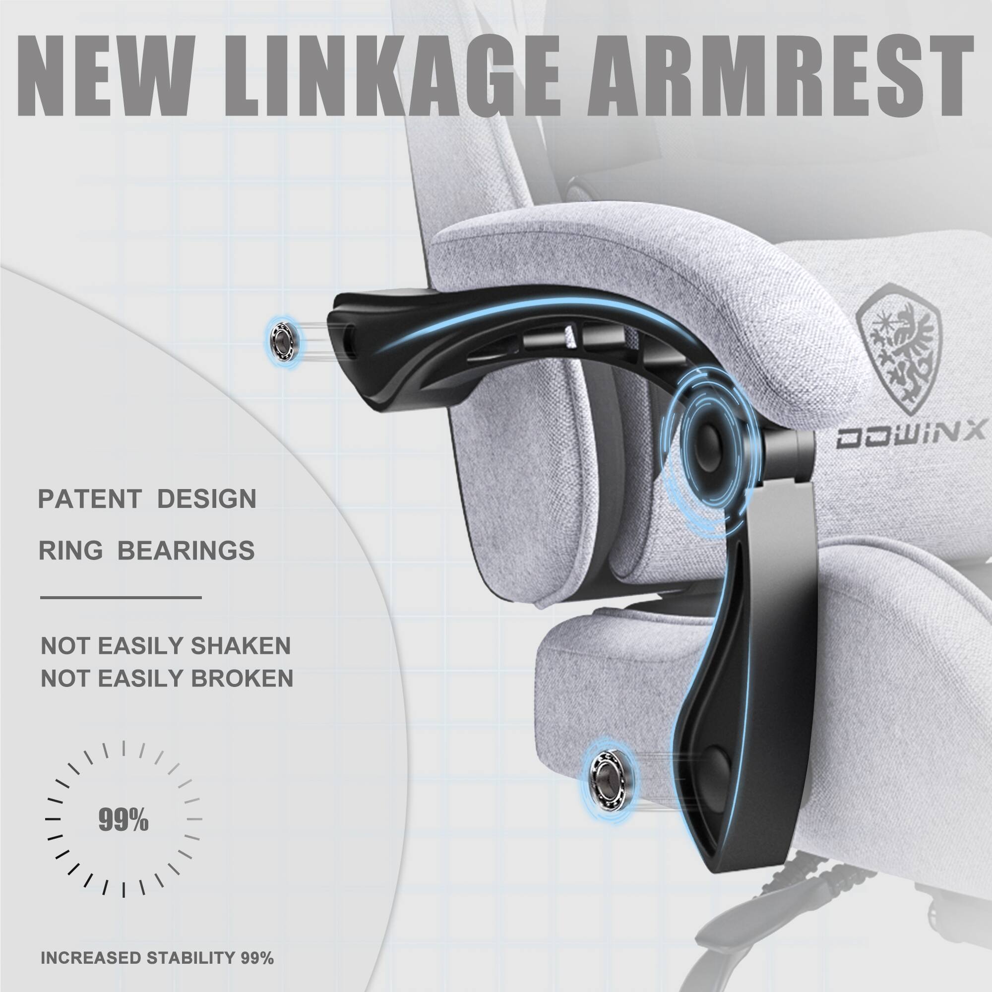 NEW LINKAGE ARMREST

PATENT DESIGN
RING BEARINGS

NOT EASILY SHAKEN
NOT EASILY BROKEN

99% INCREASED STABILITY