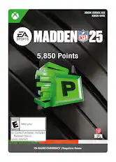 Xbox Series X|S Madden NFL 25 Sports NFL 5,850 Points EA SPORTS EVERYONE Mild Lyrics ESRB In-Game Purchases (Includes Random Items) Users Interact NFLPA In-Game Currency Requires: Game