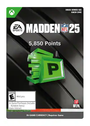 Xbox Series X|S Madden NFL 25 Sports NFL 5,850 Points EA SPORTS EVERYONE Mild Lyrics ESRB In-Game Purchases (Includes Random Items) Users Interact NFLPA In-Game Currency Requires: Game