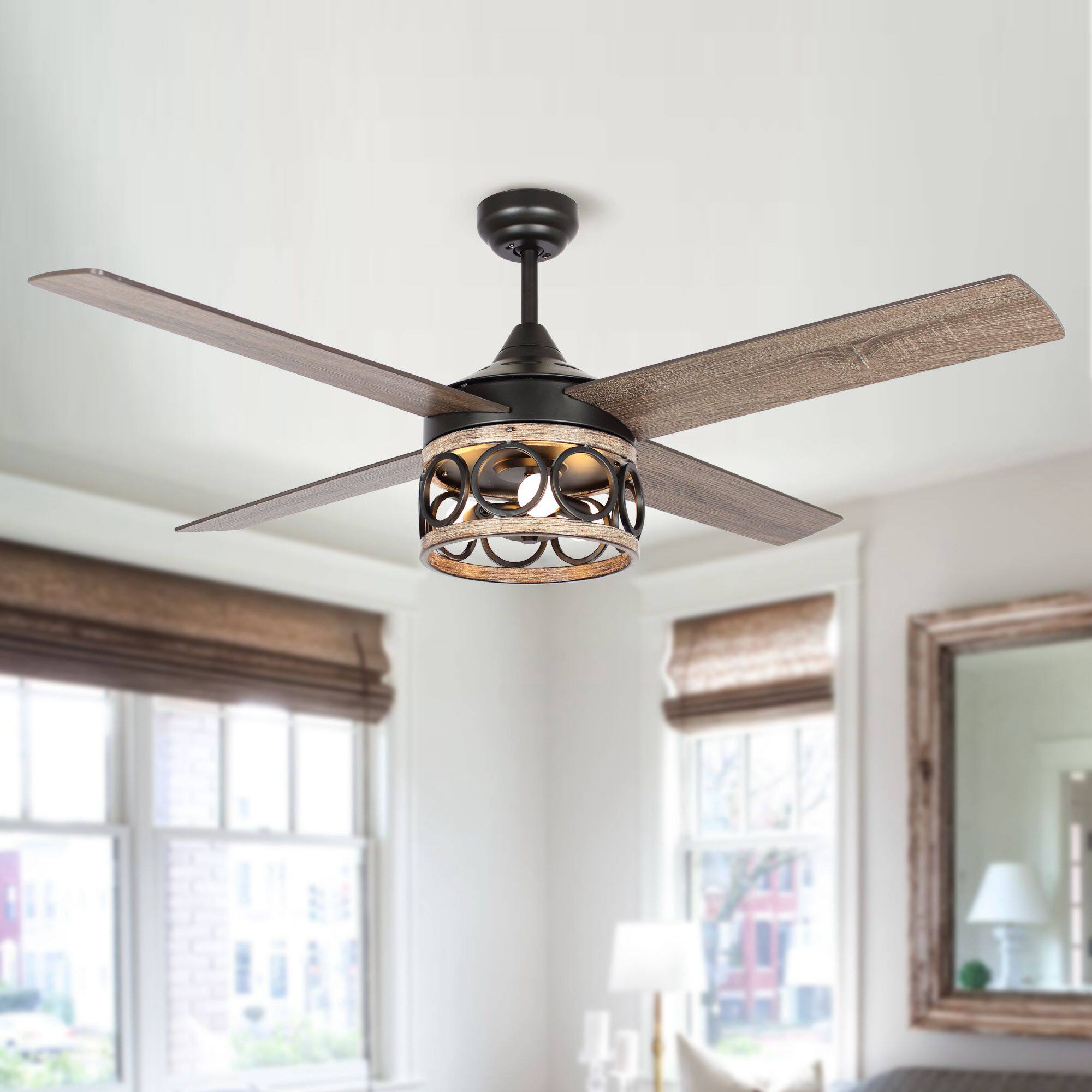 Alt View 1. Parrot Uncle - 52" Farmhouse 4-Blade Caged Ceiling Fan with Remote Control - Black.