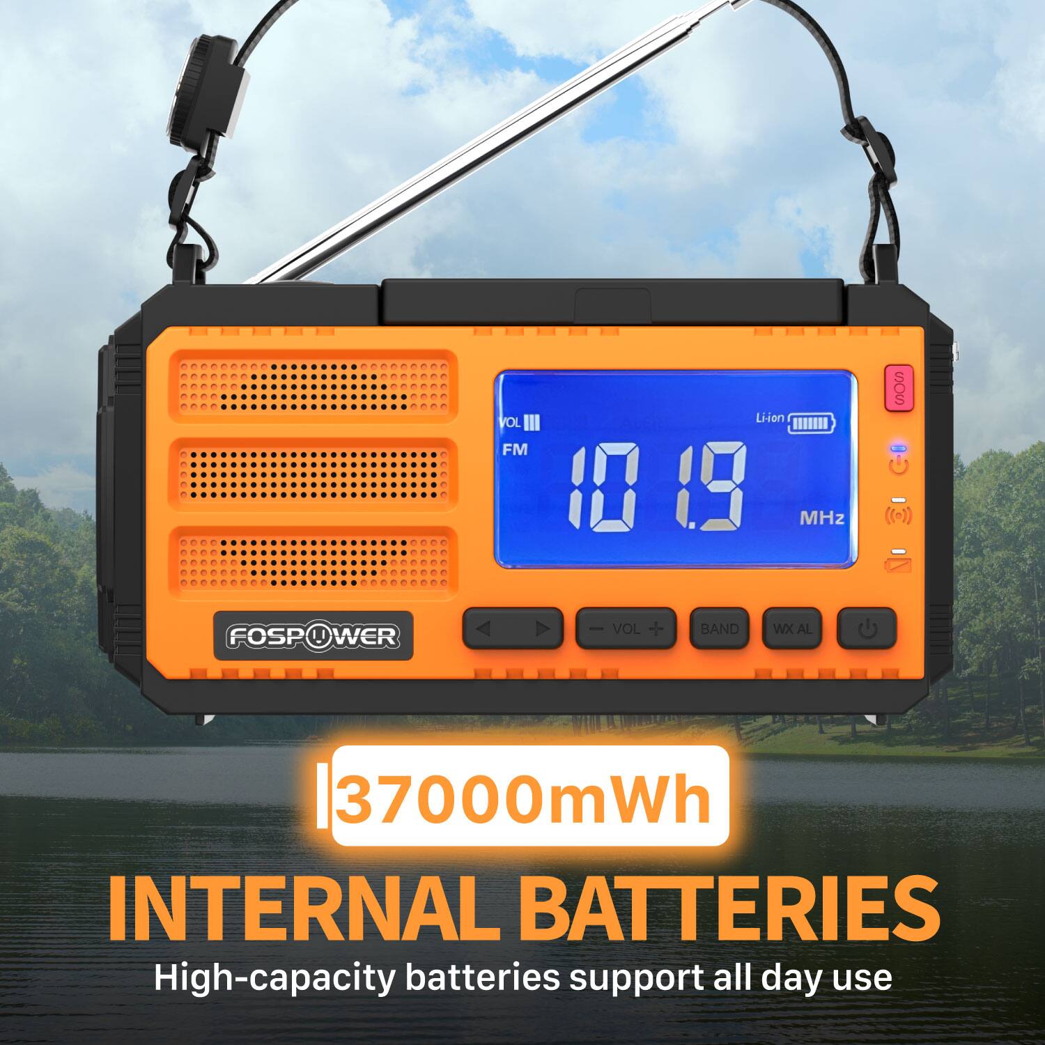 FM 10 19 MHz Liion VOL VOL + BAND WX AL 37000mWh INTERNAL BATTERIES High-capacity batteries support all day use