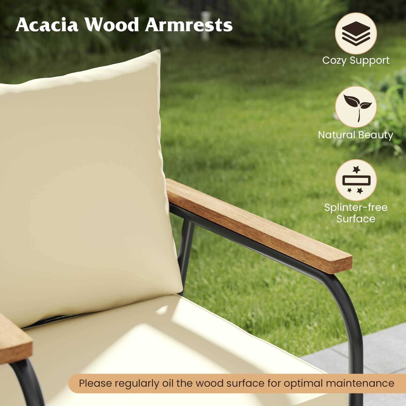Acacia Wood Armrests: Cozy Support, Natural Beauty, Splinter-free Surface. Please regularly oil the wood surface for optimal maintenance.