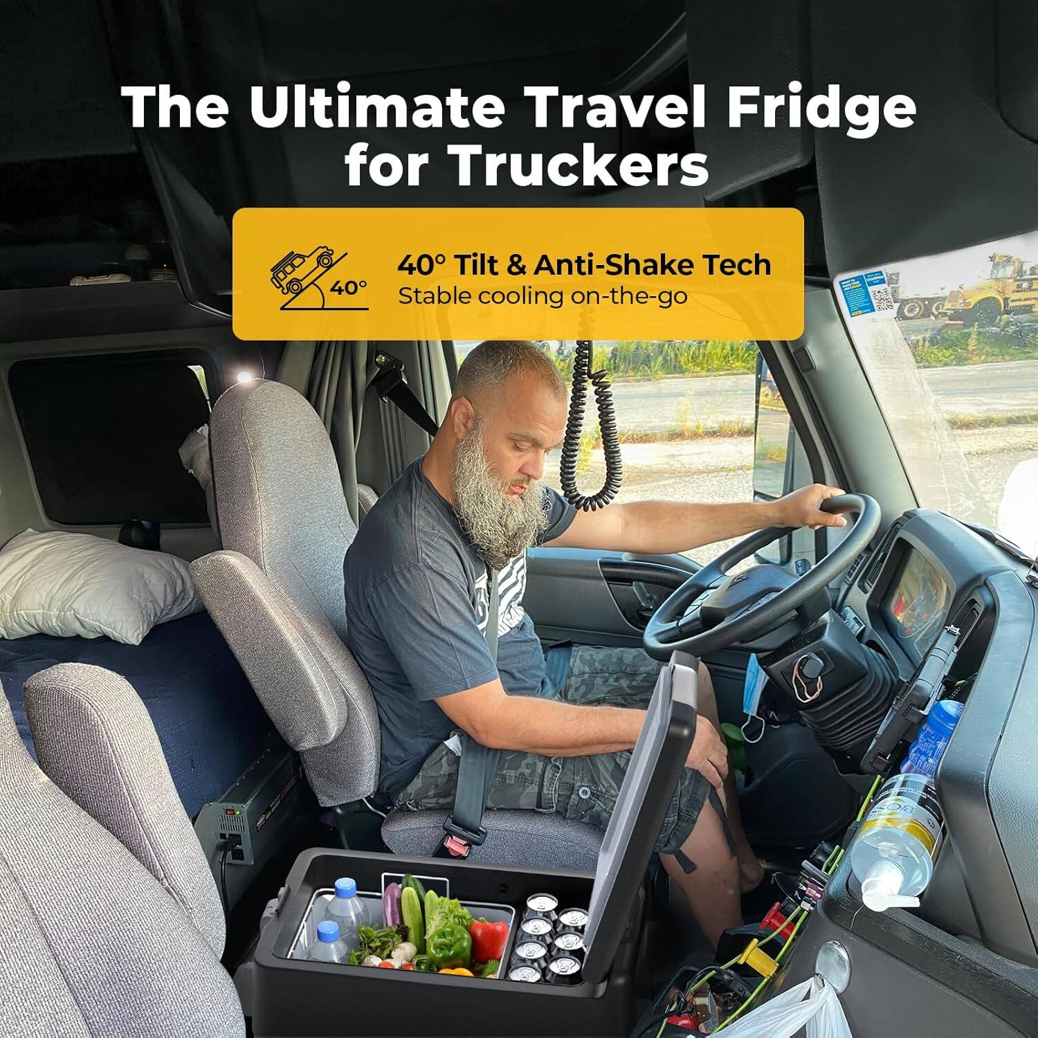 The Ultimate Travel Fridge for Truckers

40° Tilt & Anti-Shake Tech  
Stable cooling on-the-go