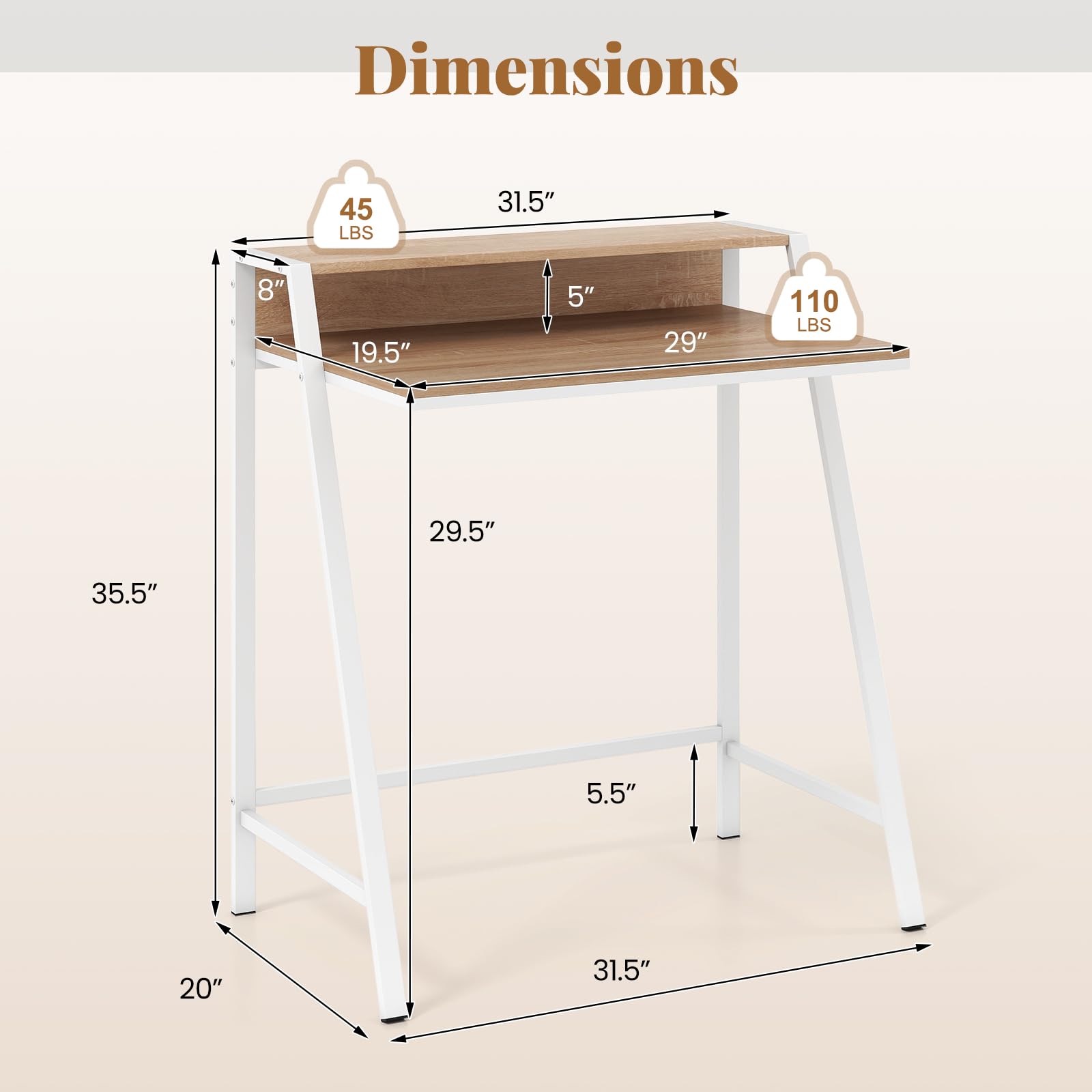 Dimensions  
45 LBS  
31.5"  
8"  
19.5"  
5"  
29"  
110 LBS  
29.5"  
35.5"  
5.5"  
20"  
31.5"