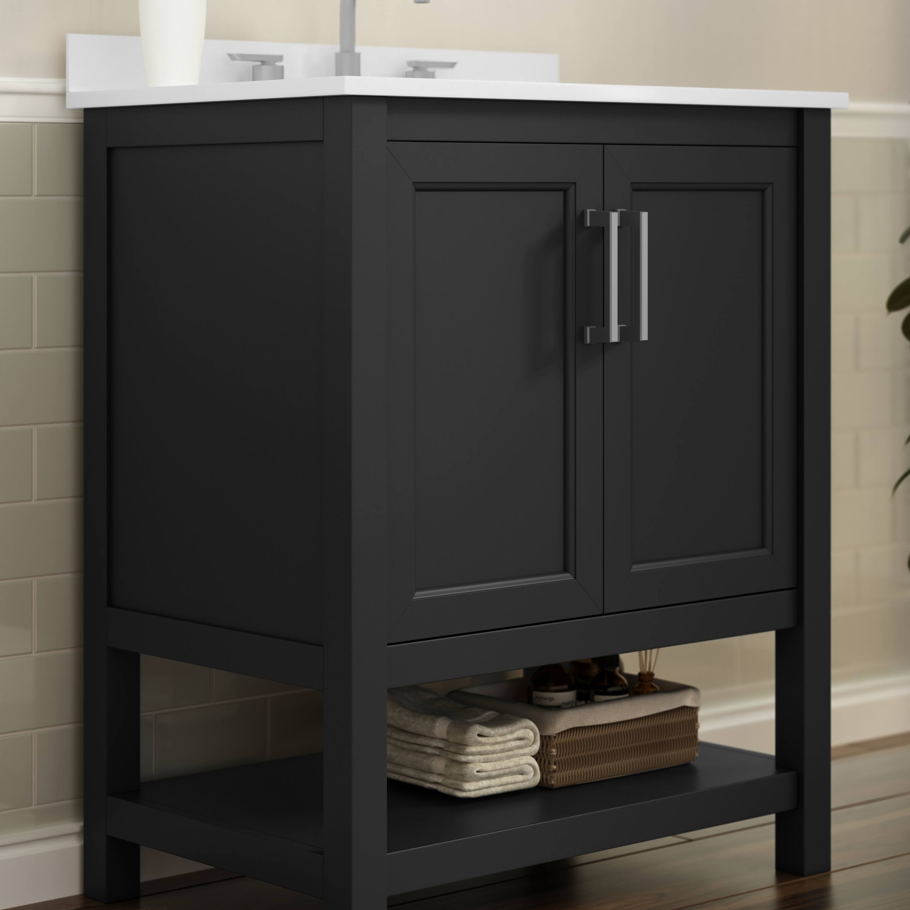 Alt View 3. Flash Furniture - Vega 30 Inch Bathroom Vanity with Sink Combo, Storage Cabinet with Soft Close Doors and Open Shelf, Carrara Marble Finis - Black.