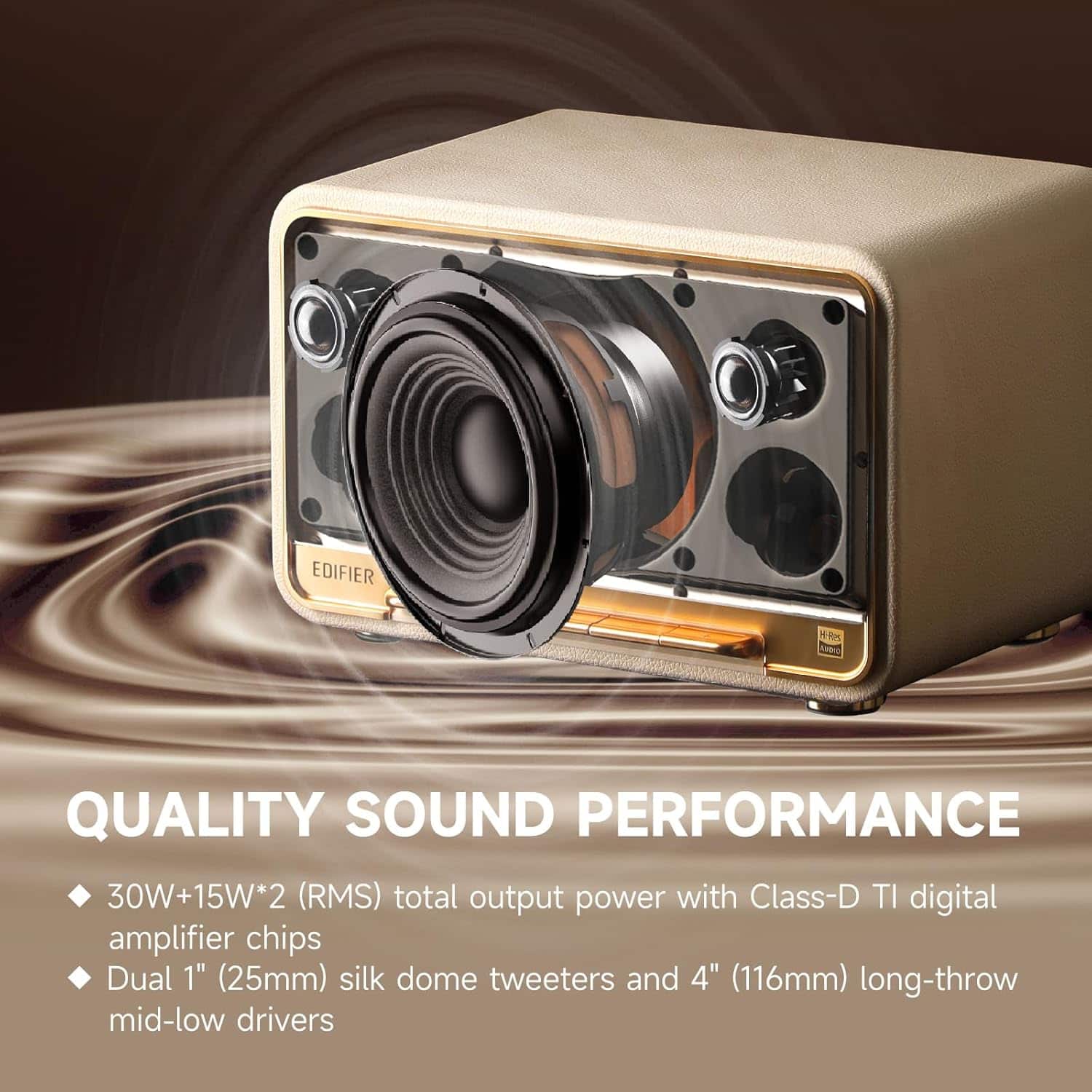 Edifier MR Quality Sound Performance 30W+15W*2 (RMS) total output power with Class-D TI digital amplifier chips Dual 1" (25mm) silk dome tweeters and 4" (116mm) long-throw mid-low drivers.