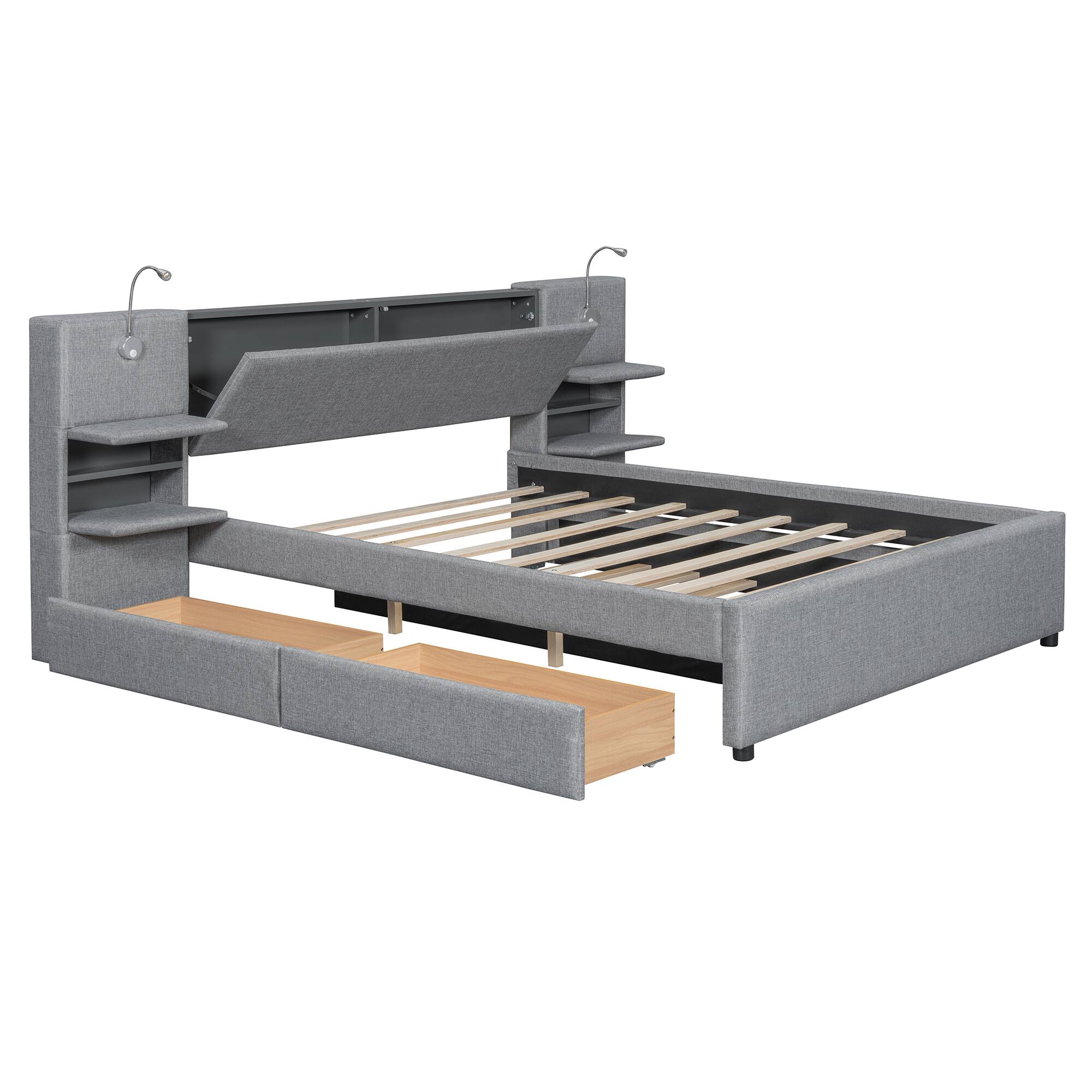 Alt View 5. Tiramisubest - Queen Size Upholstered Platform Bed with Reading Lights, Drawers, Trundle and Shelves, Gray - Gray.
