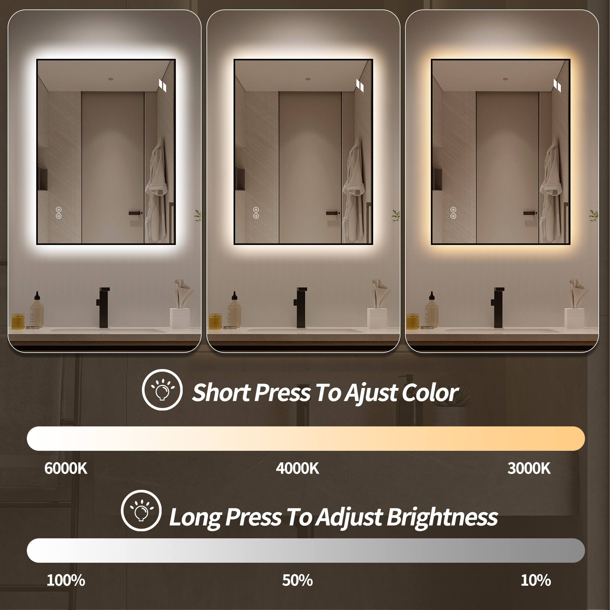 Short Press To Adjust Color 6000K 4000K 3000K  
Long Press To Adjust Brightness 100% 50% 10%