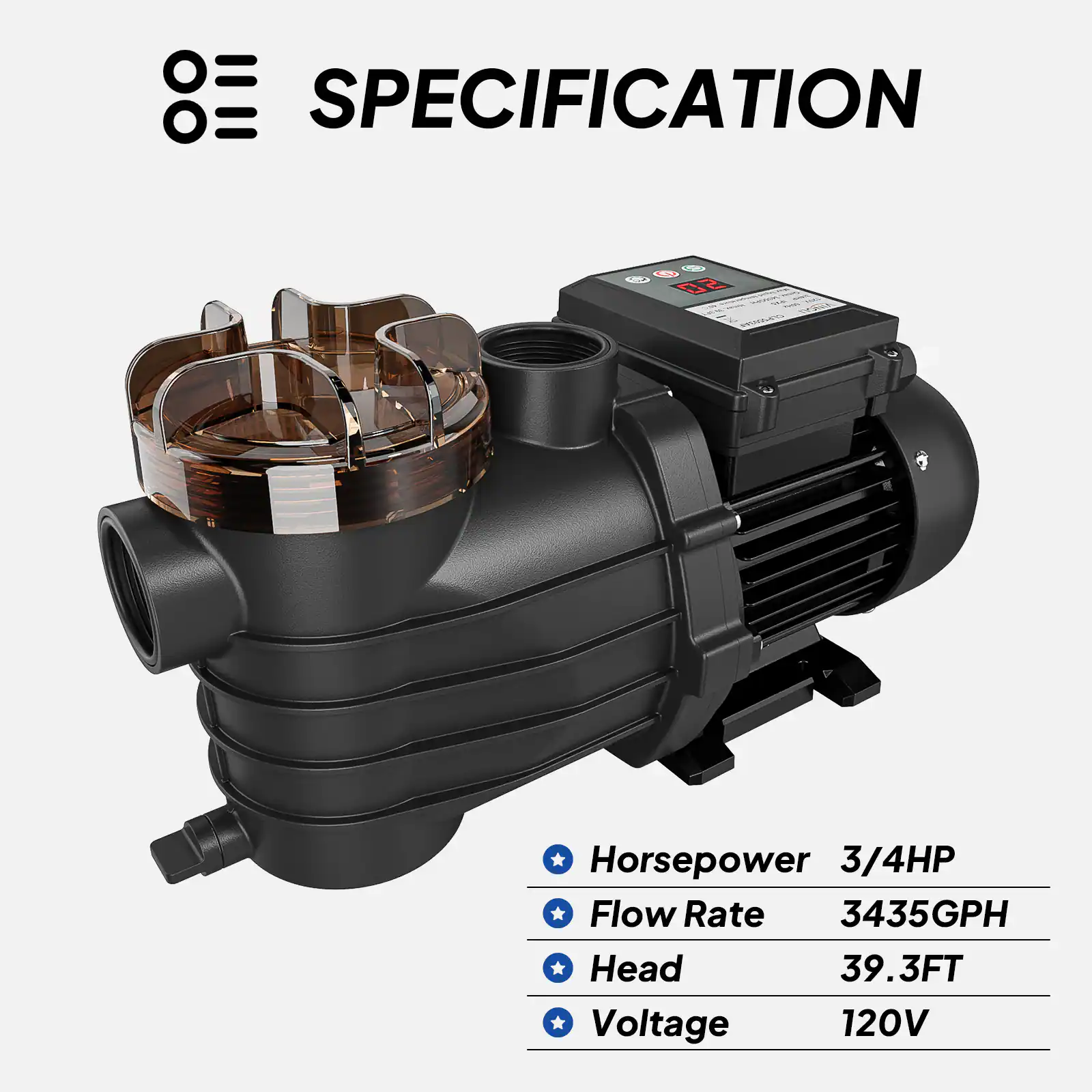 Winado 1HP Pool Pump with 24 Hour Timer, 3692 GPH Flow Rate, 2