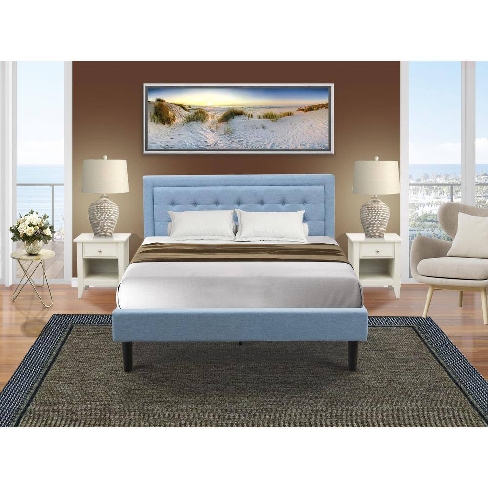 Alt View 4. East West Furniture - FN11Q-2GA0C 3-Piece Fannin Queen Bedroom Set with 1 Modern Bed and 2 Night Stands for Bedrooms - Denim Blue Linen Fabric - Denim Blue.