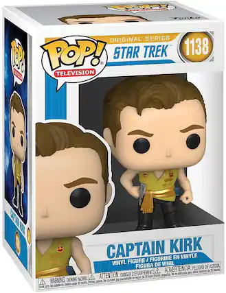 **Front:**
- POP! TELEVISION
- ORIGINAL SERIES
- STAR TREK
- 1138
- CAPTAIN KIRK
- VINYL FIGURE / FIGURINE EN VINYLE / FIGURA DE VINIL
**Warnings:**
- WARNING: CHOKING HAZARD. Small parts. Not suitable for children under 36 months.
- ATTENTION: DANGER D'ÉTOUFFEMENT. Petites pièces. Ne convient pas aux enfants de moins de 36 mois.
- ADVERTENCIA: PELIGRO DE ASFIXIA. Piezas pequeñas. No es adecuado para niños menores de 36 meses.
**Side:**
- CAPTAIN KIRK
