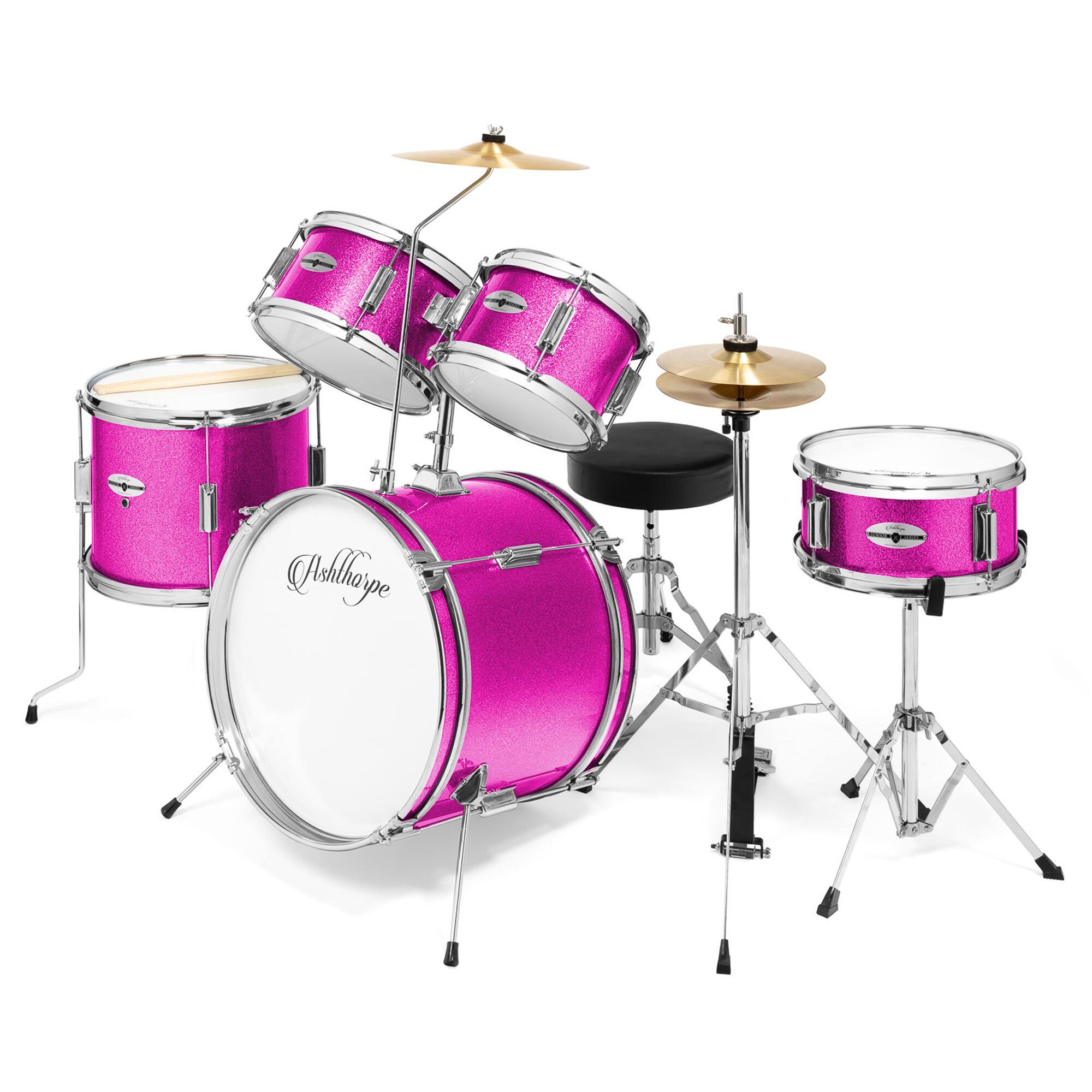 Front. Ashthorpe - Beginner Drum Kit with Brass Cymbals (Set of 5) - Pink.