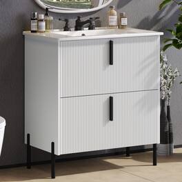 Boyel Living - 30 Inch Bathroom Vanity with Ceramic Sink Full Extension Drawers Soft Close Fluted Design - White