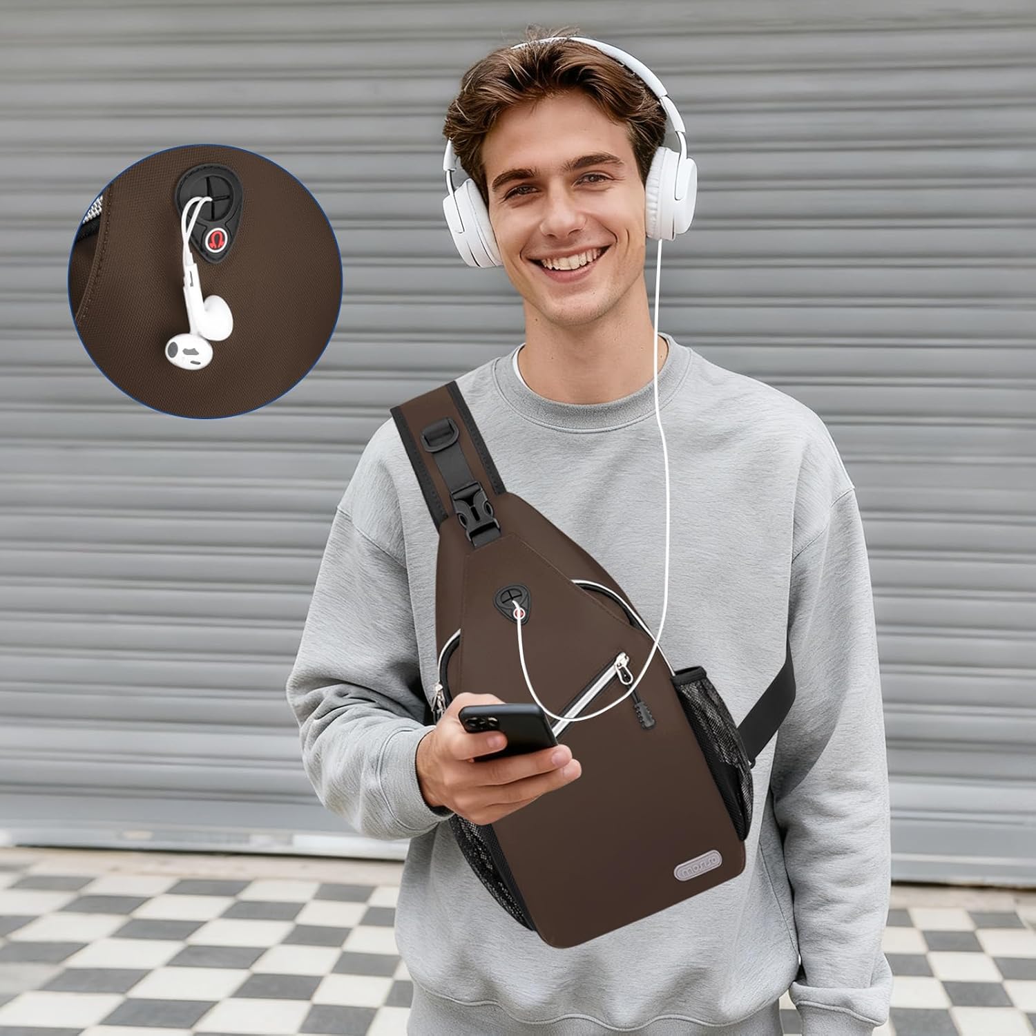 Alt View 3. mosiso - Sling Backpack Multipurpose Crossbody Shoulder Bag Travel Hiking Daypack - Caramel Brown.