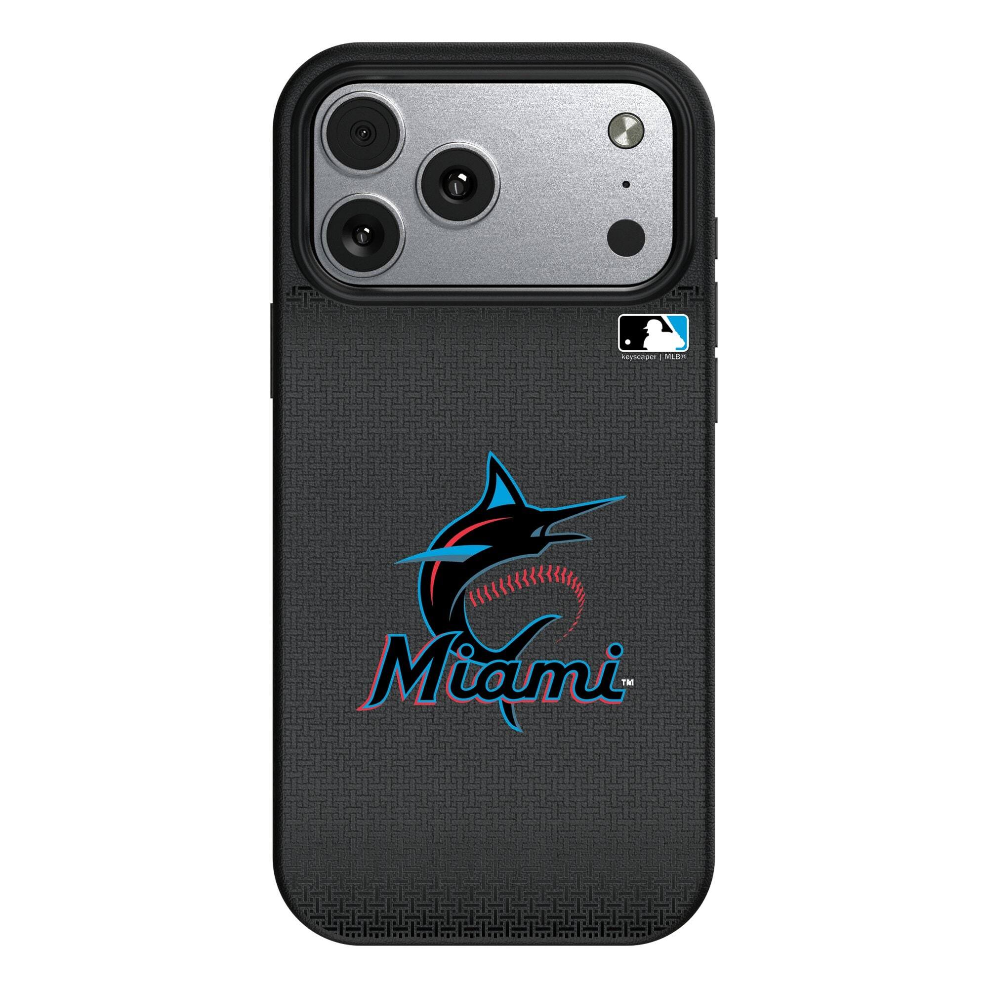 Front. Keyscaper - Miami Marlins Linen Logo iPhone Magnetic Bump Case - 15 Pro - Black.