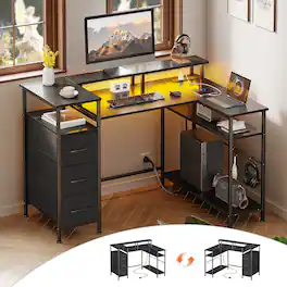 Furnulem - 47 In LShaped Gaming Desk with LED Lights Power Outlets Monitor Stand Storage Shelves 3 Fabric Cabinets - Black