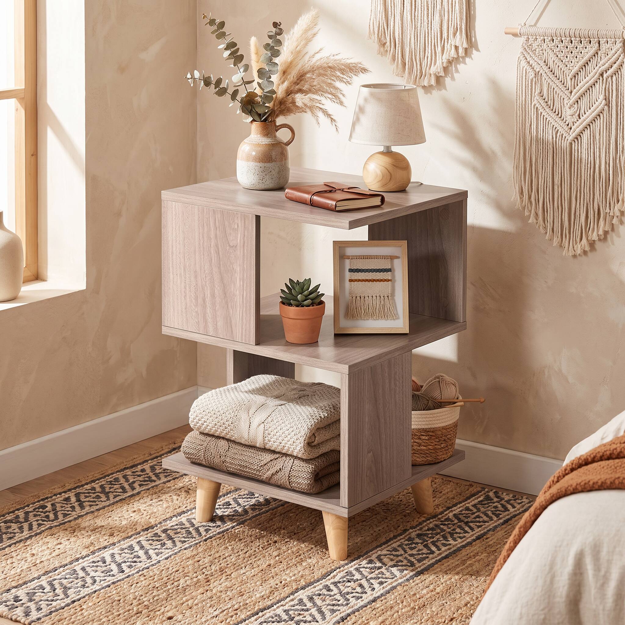 Front. WELLFOR - Set of 2 Wooden Modern Nightstand Set with Legs for Living Room - Grey.