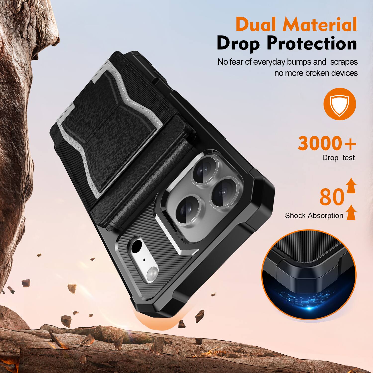 Dual Material Drop Protection  
No fear of everyday bumps and scrapes, no more broken devices  

3000+ Drop test  
80 Shock Absorption