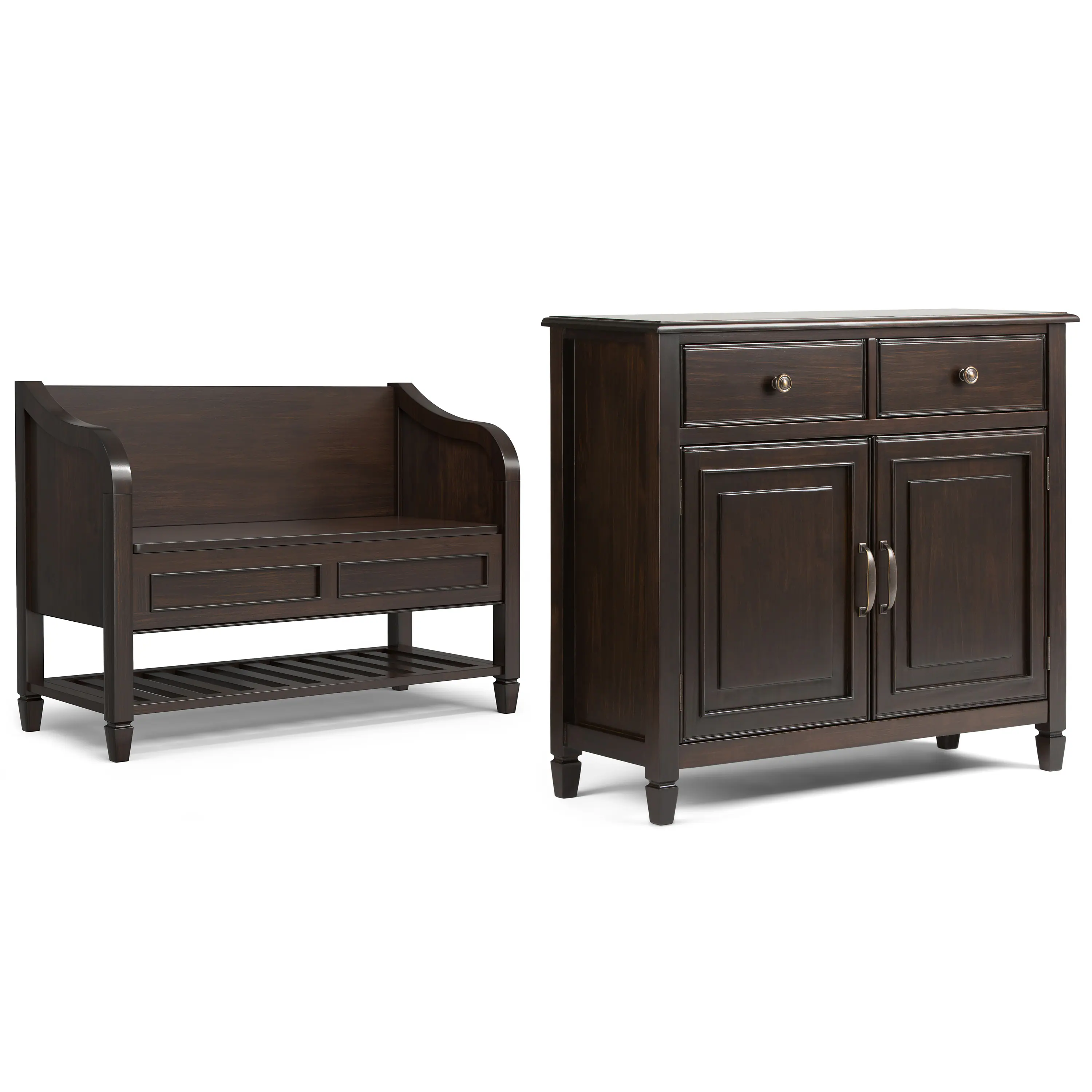 Front. Simpli Home - Connaught 42-inch Storage Bench with Shelf and 40-inch Cabinet - Chestnut Brown.